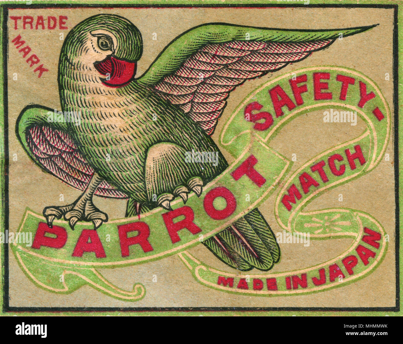Ancienne étiquette Allumettes Japon Parrot pour les allumettes de sûreté fabriqué au Japon Date : ch. Années 1910 Banque D'Images