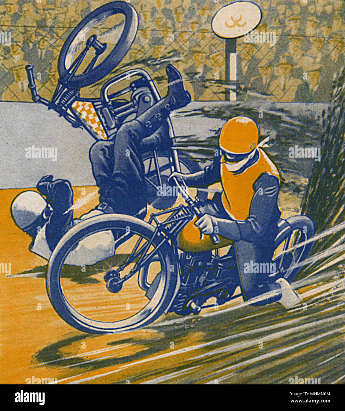 Les amateurs de monstres sur roues ! Une course de moto dans lequel un concurrent dérapages et vole dans l'air. Date : 1933 Banque D'Images