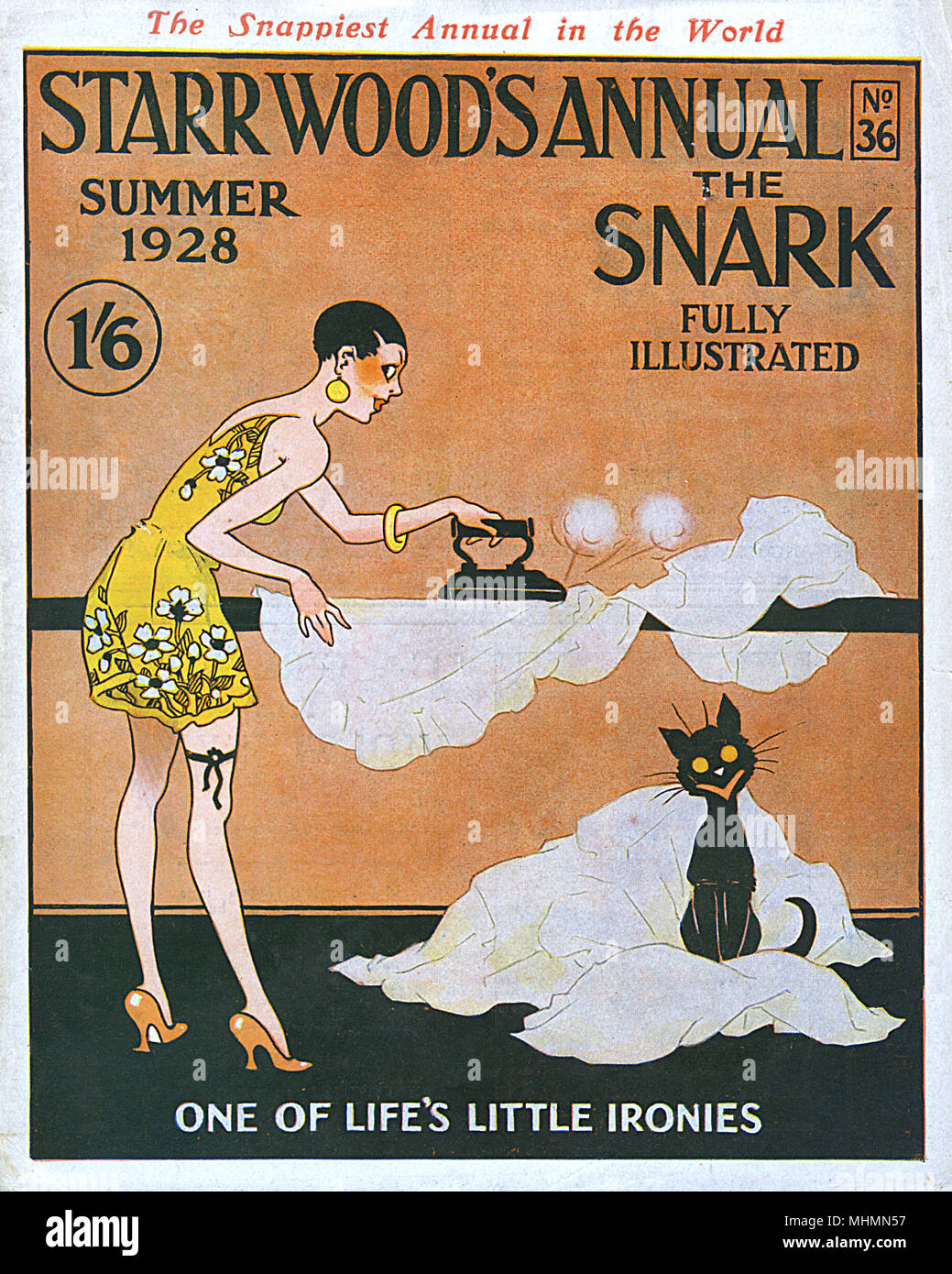 Capot avant de Starr Wood's Annual, le Snark, été 1928, avec une illustration d'une flapper girl avec cheveux sévèrement recadrées et jupes très courtes, à la recherche surtout pour faire une place prestigieuse dans le domaine du repassage. Date : 1928 Banque D'Images