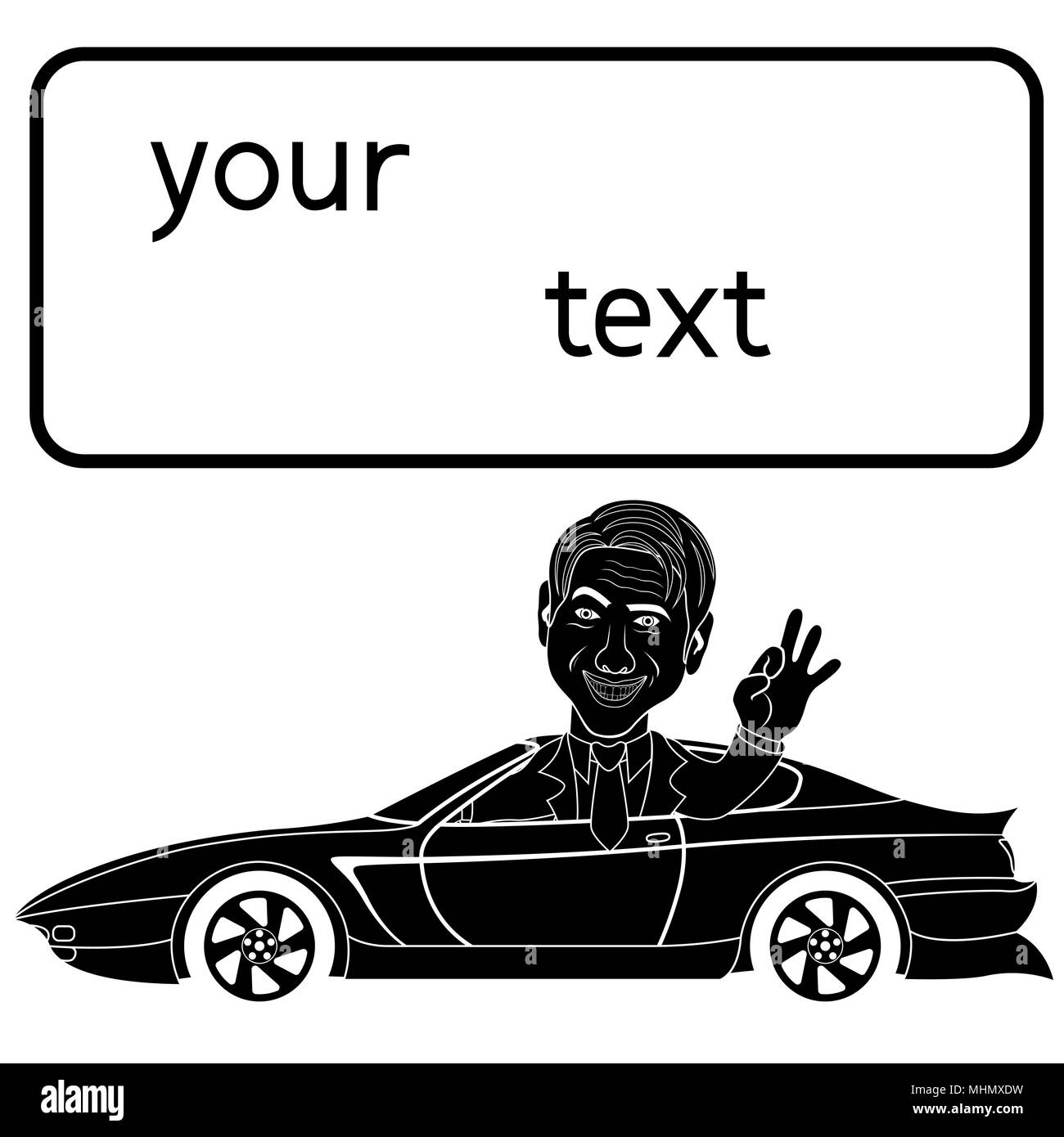 Silhouette d'homme heureux qu'assis dans belle voiture, conceptuel cartoon illustration vecteur stencil noir Illustration de Vecteur