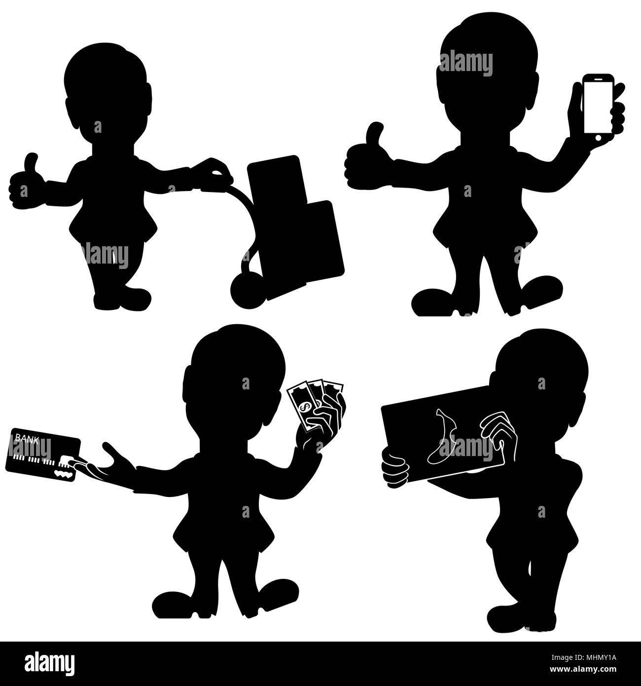 Ensemble de quatre Silhouette homme dans diverses situations, cartoon stencil illustrations vectorielles isolé sur fond blanc Illustration de Vecteur