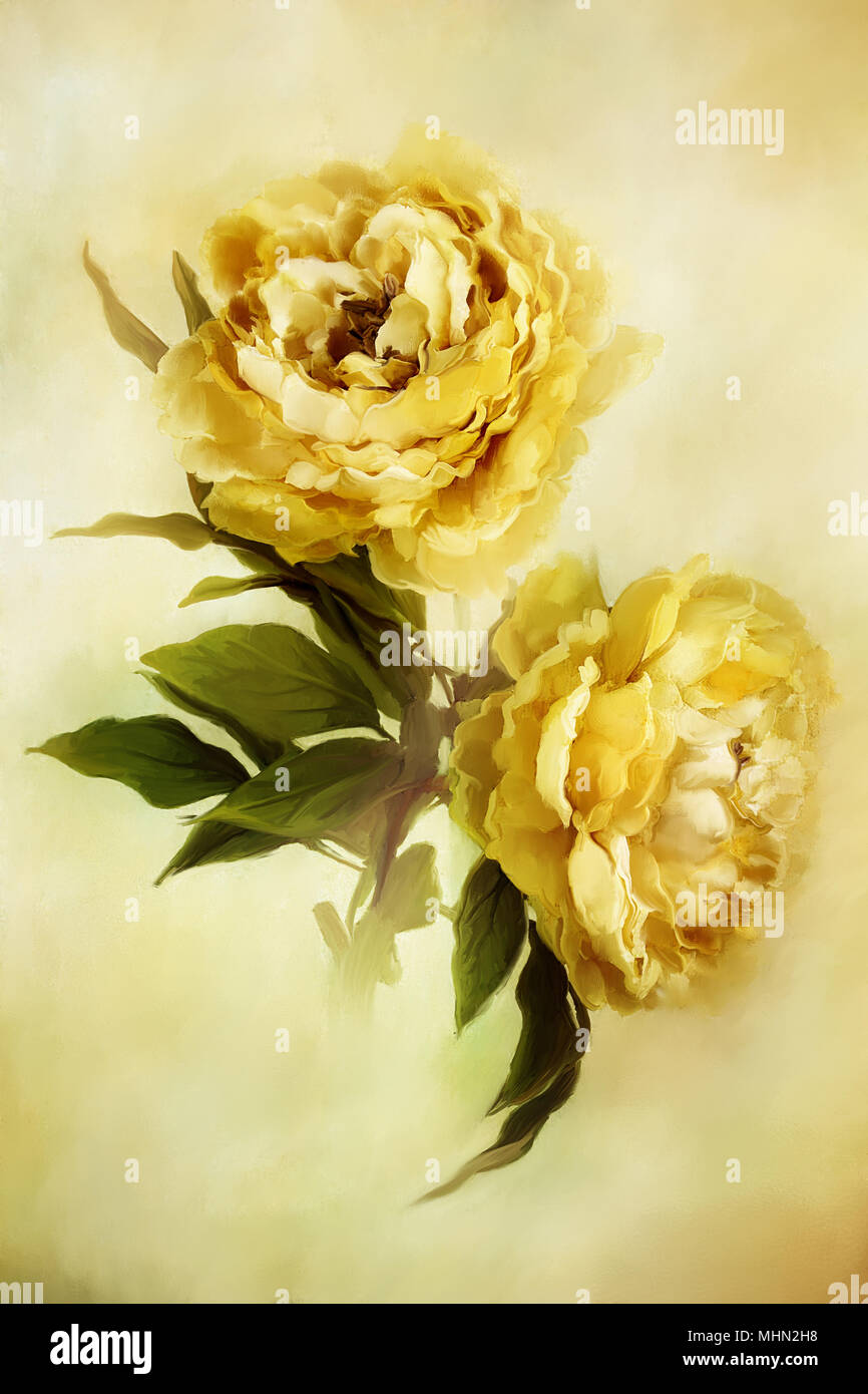 Peinture numérique de belles pivoines jaune. Banque D'Images