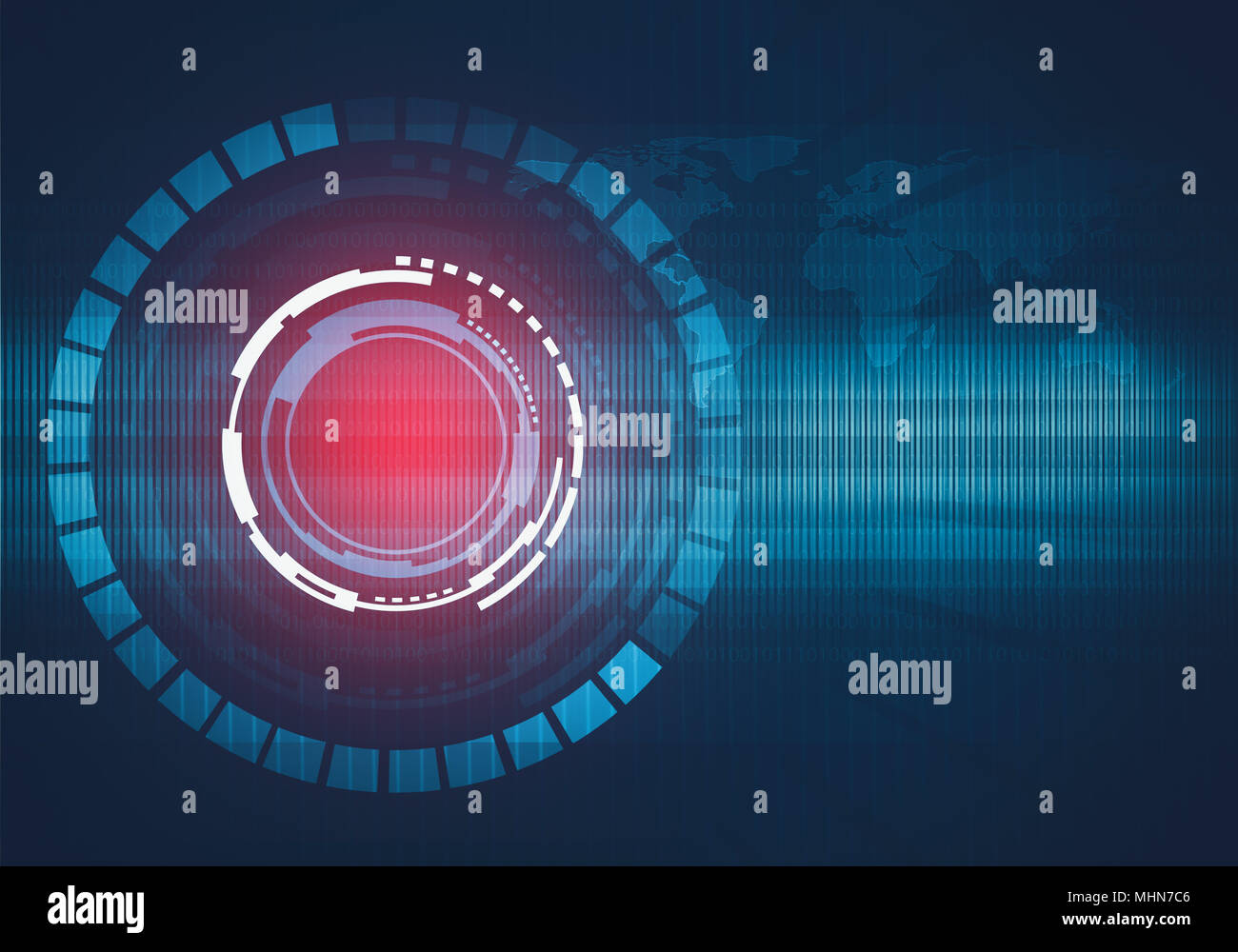 Abstract illustration numérique de l'interface de technologie ronde concept avec carte du monde et l'arrière-plan de code binaire. Spot lumineux rouge. Banque D'Images