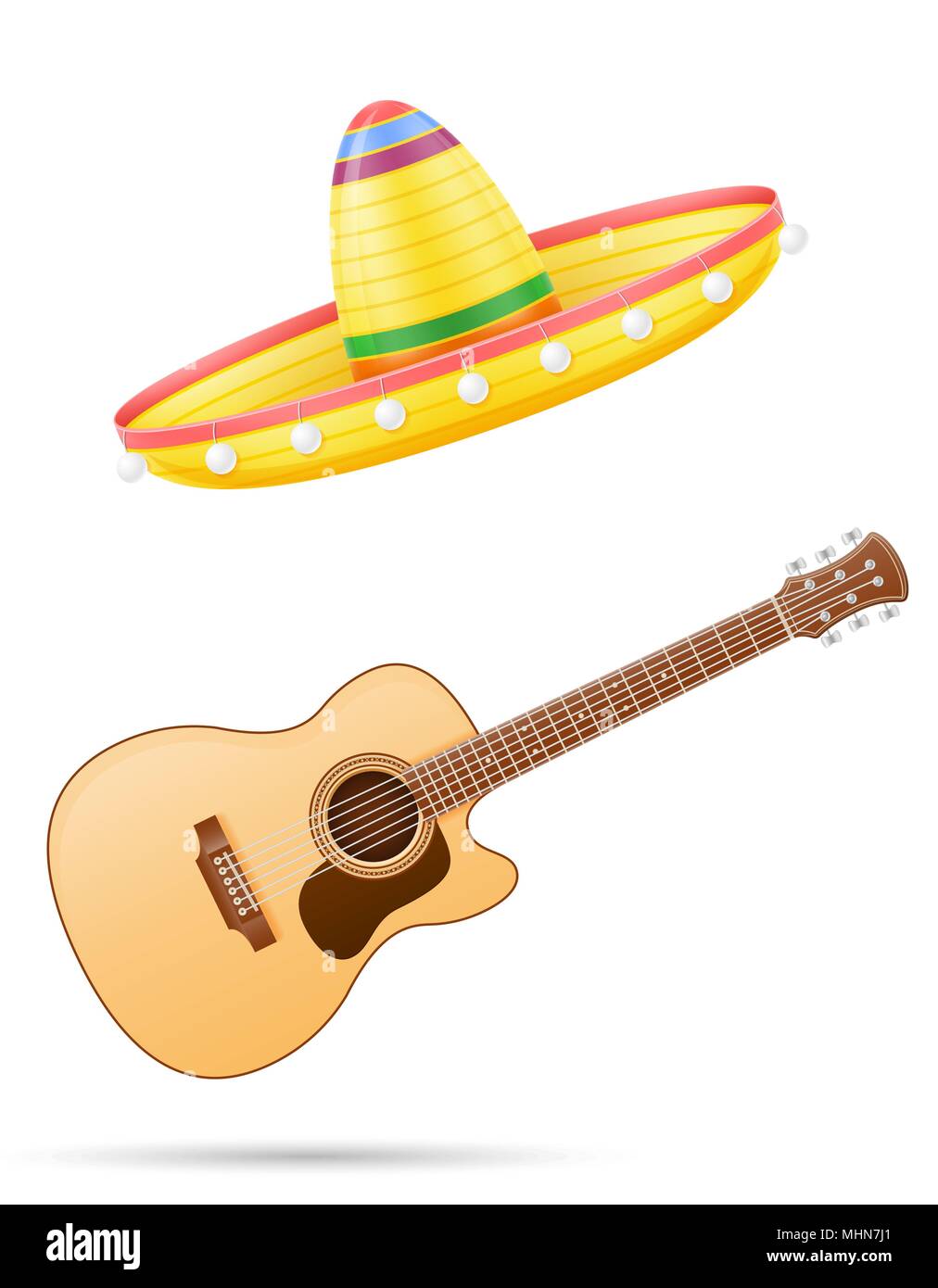 Sombrero mexicain national couvre-chef et guitare vector illustration isolé sur fond blanc Illustration de Vecteur