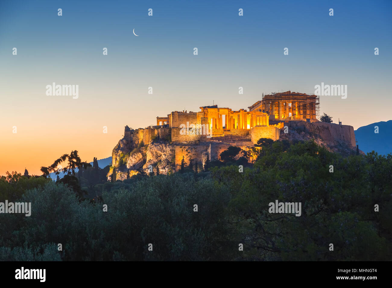 Lever de Soleil sur le Parthénon, l'acropole d'Athènes, Grèce Banque D'Images