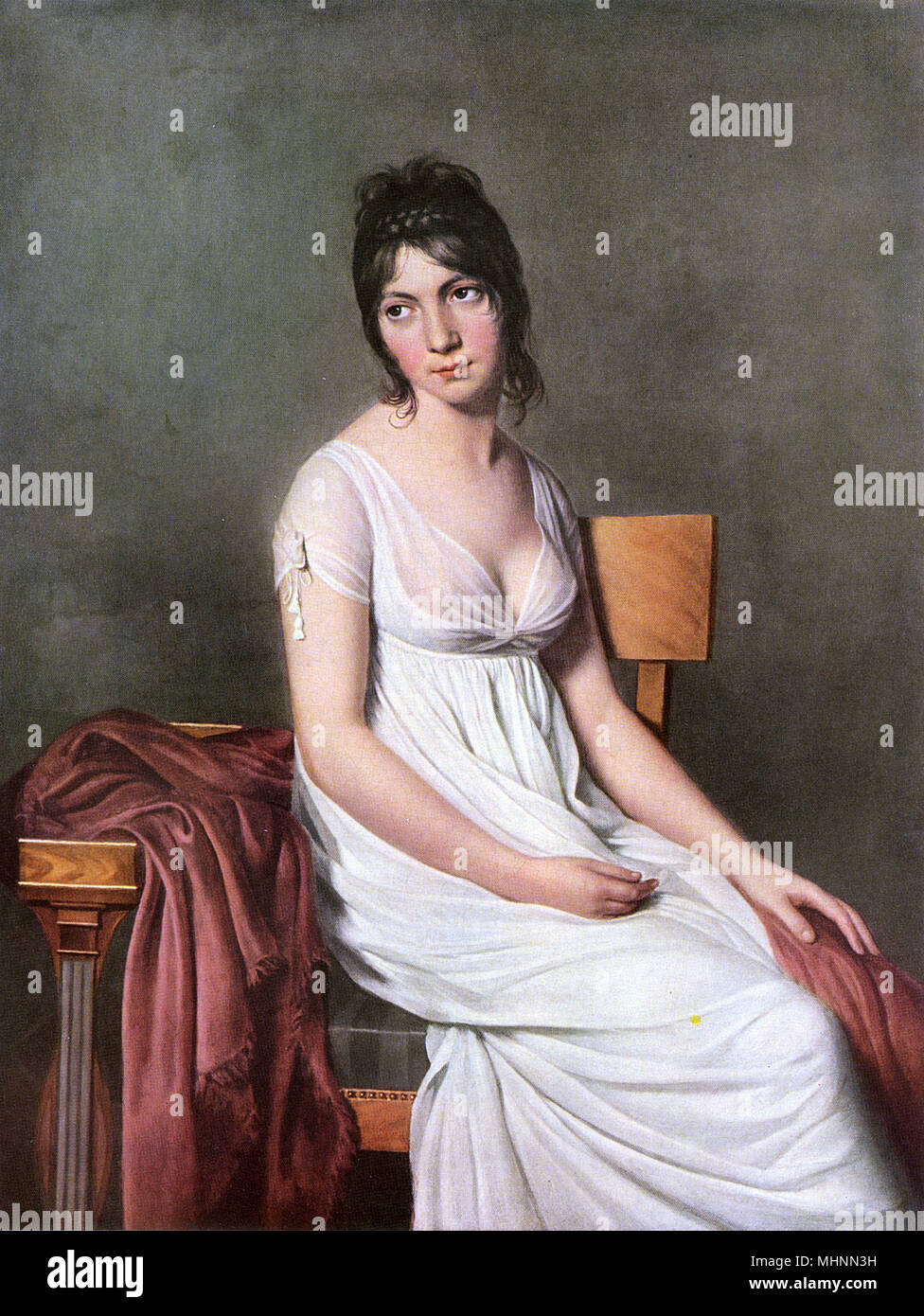 Madame Hamelin par Jacques-Louis David (1748-1825) - peinture sur toile. Le sujet, Madame Hamelin, un créole né à Saint-Domingue. Elle devint la femme d'un banquier parisien, et a joué un rôle brillant dans la société parisienne de la période du Directoire. Elle a été surnommé "La Jolie laide". Chateaubriand, qu'elle séduit, dit d'elle qu'elle possédait les deux qualités qui caractérisent également la France, de la noblesse et de frivolité. Date : vers 1800 Banque D'Images