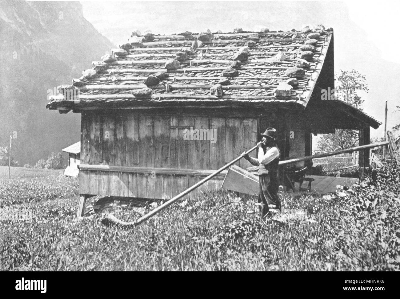 La SUISSE. Appel de cor des Alpes ; vaches hauts pâturages. Pâtre 1900 old print Banque D'Images