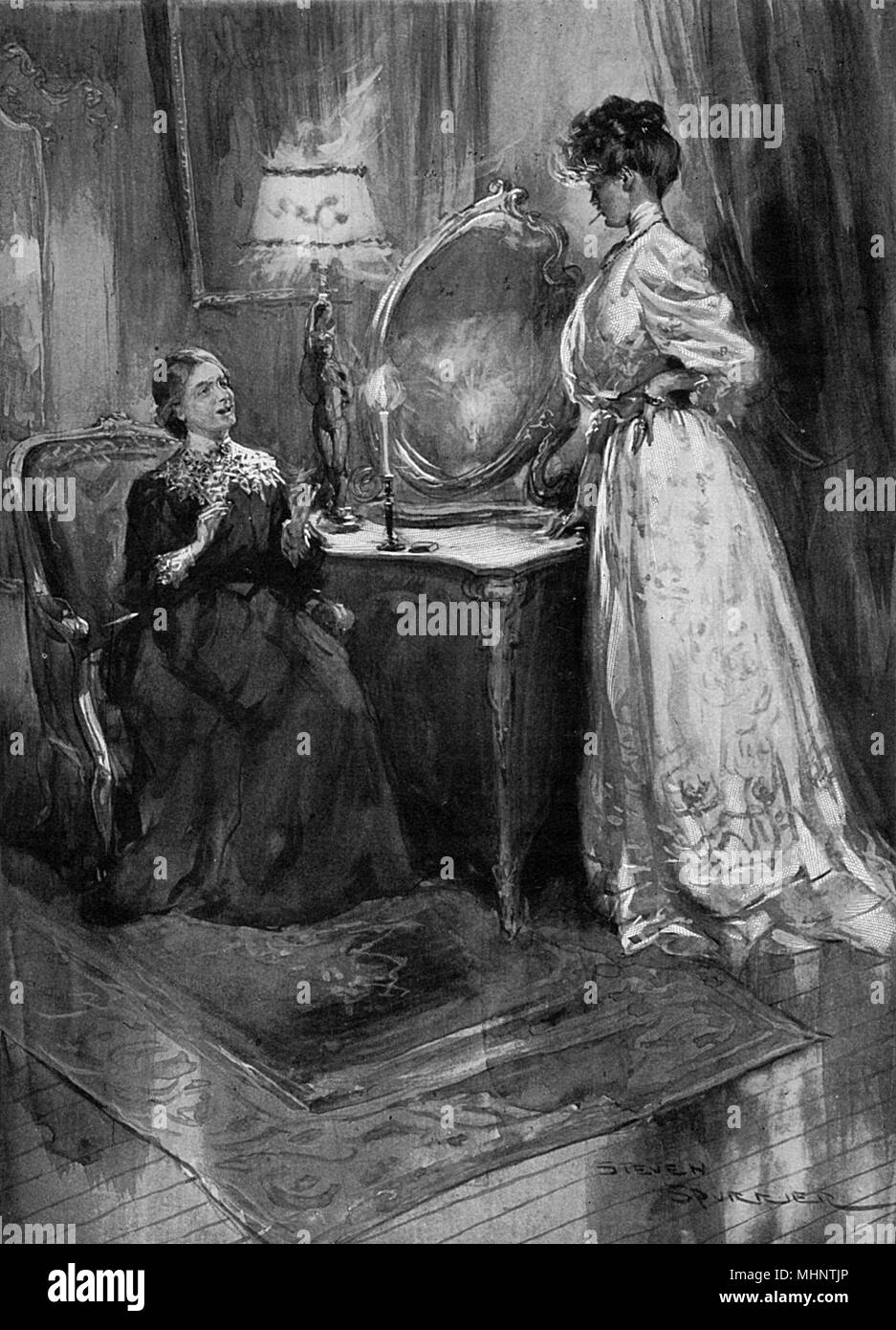 Illustration pour une nouvelle de E. F. Benson, 'La Puce' soie illustrant la une jeune femme fumant une cigarette en face de sa tante. Date : 1908 Banque D'Images