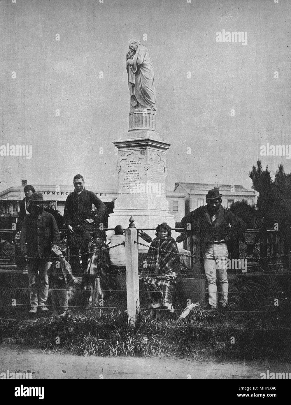 Monument des Maoris, l'île de Moutoa, Aranga, Wanganui, île du Nord, en Nouvelle-Zélande. Un mémorial à un conflit entre les Maoris et les rebelles Hau Haus en 1864. Date : vers 1900 Banque D'Images