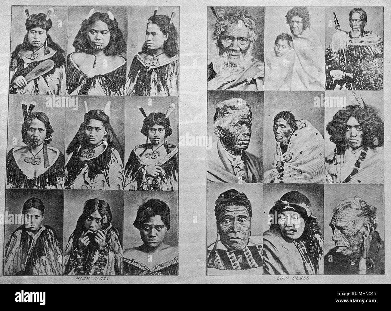 Portraits de types maoris (Nouvelle-Zélande), décrit comme High Class sur la gauche et sur la droite de la classe faible. Date : vers 1900 Banque D'Images