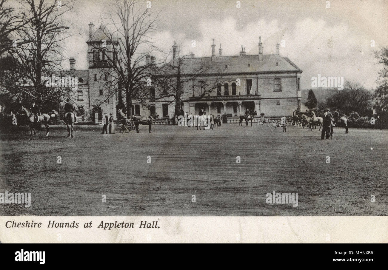 Cheshire Hounds à Appleton Hall, Warrington. La salle appartenait à Thomas Henry Lyon ; lorsqu'il est mort en 1914, la chasse ne répondait plus. Date : vers 1900 Banque D'Images