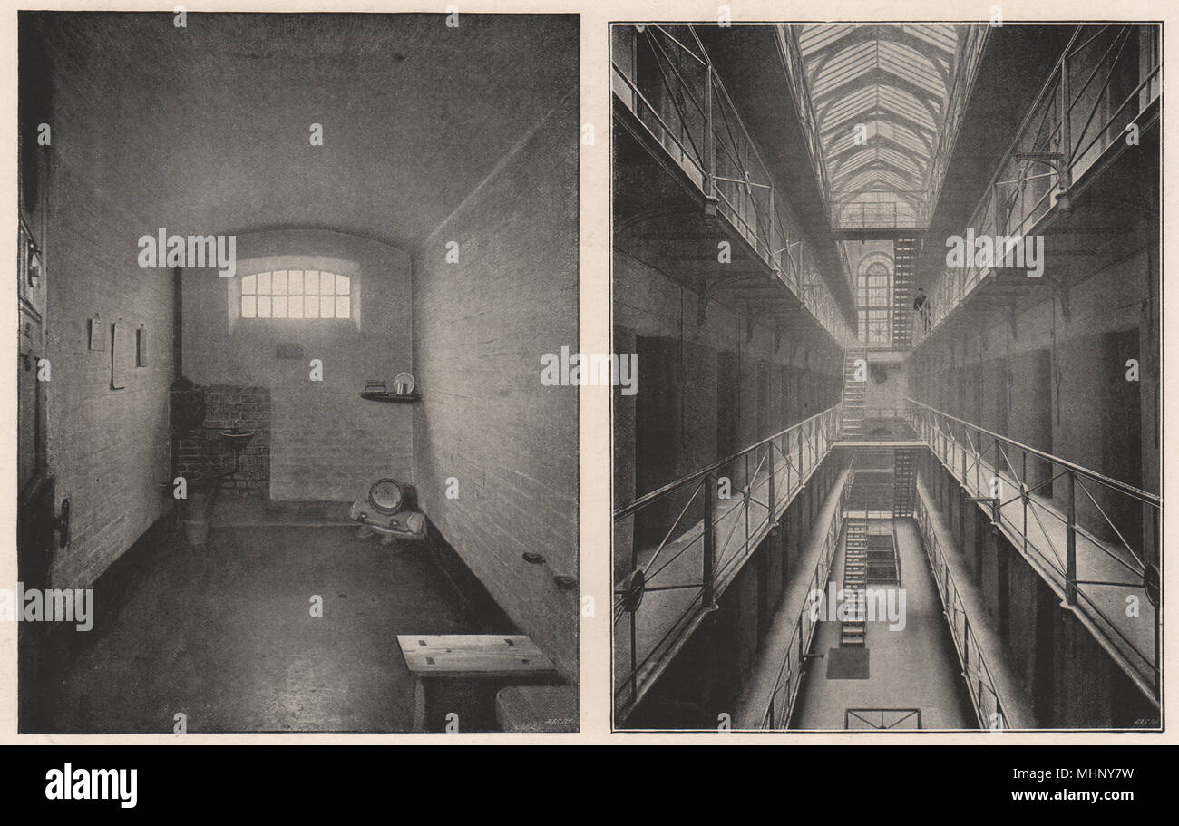 Une cellule de la prison de Newgate ; Les galeries à Newgate. Londres 1896 old print Banque D'Images