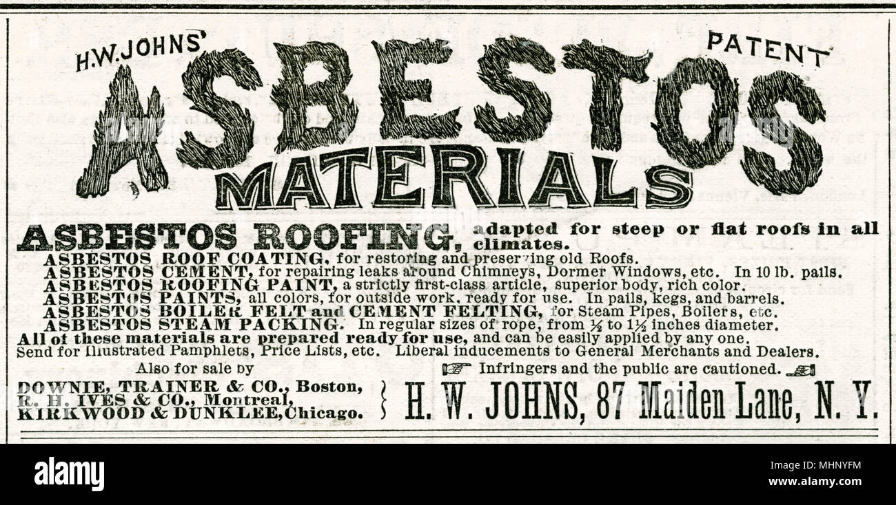 Société basée à New York, publicité, toiture de l'amiante utilisé dans le revêtement de toit, du ciment, de la peinture, d'avis d'ébullition et la vapeur de l'emballage. Date : 1875 Banque D'Images