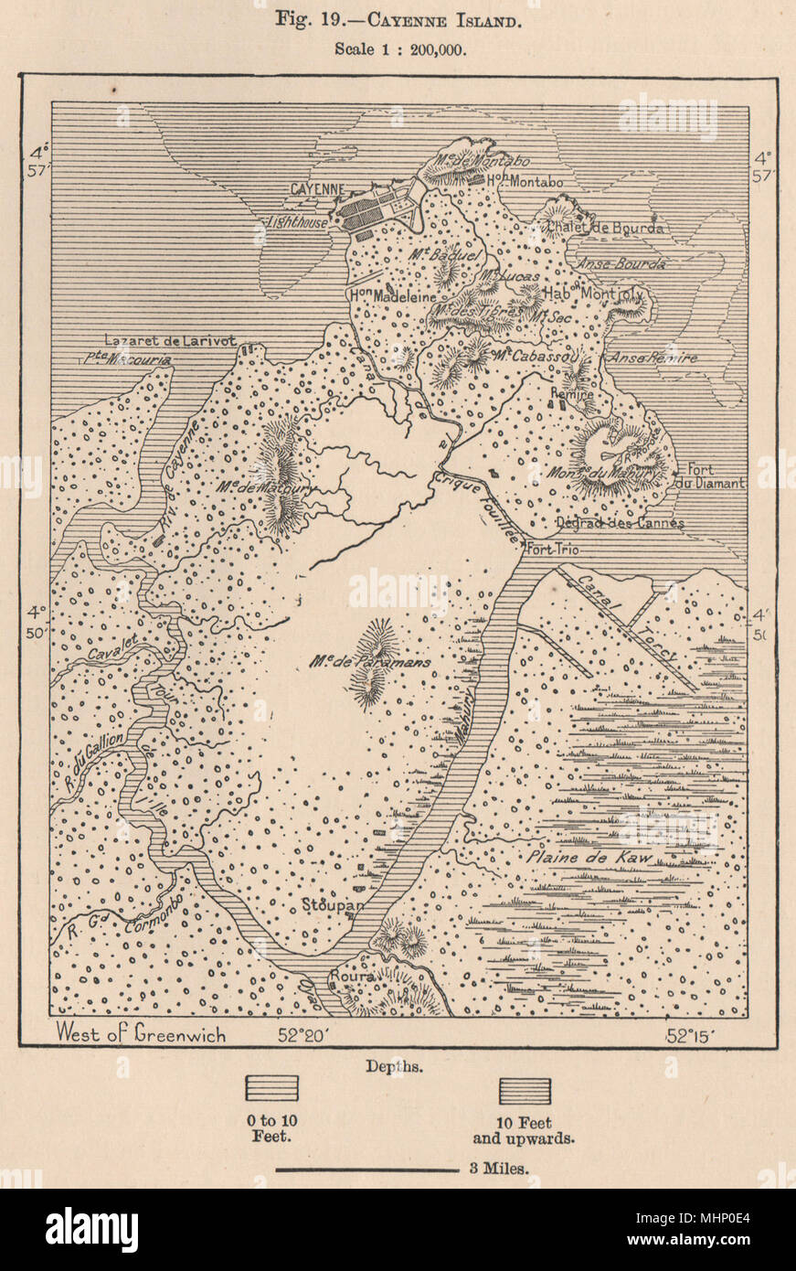 L'île de Cayenne. Guyane 1885 ancienne carte graphique plan vintage Banque D'Images