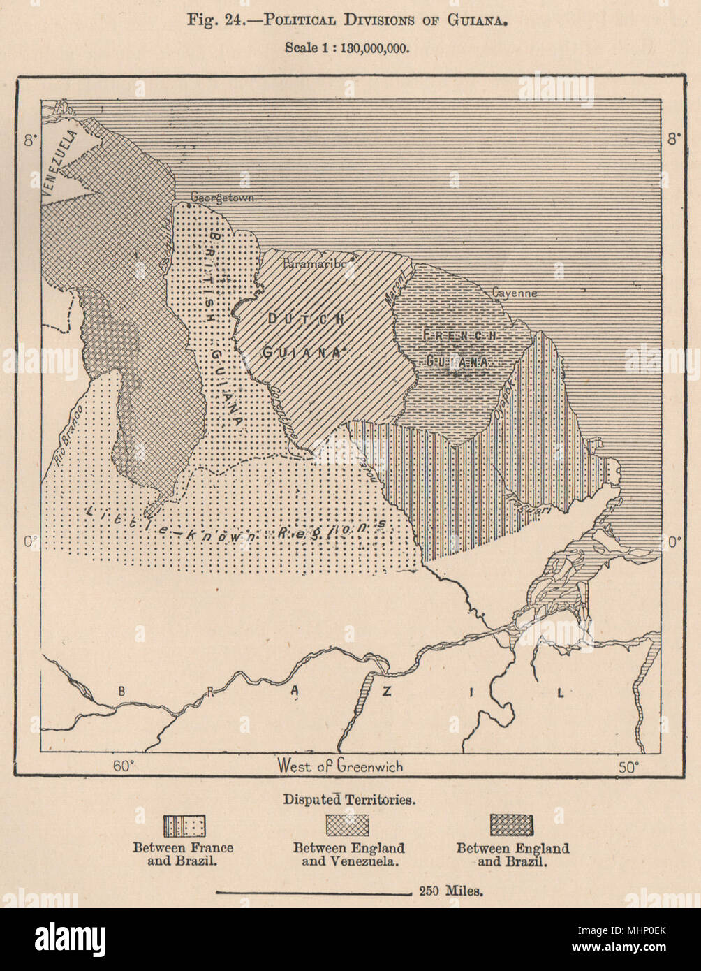 Les divisions politiques du Guyana. Français Néerlandais Anglais Brésil Venezuela 1885 map Banque D'Images