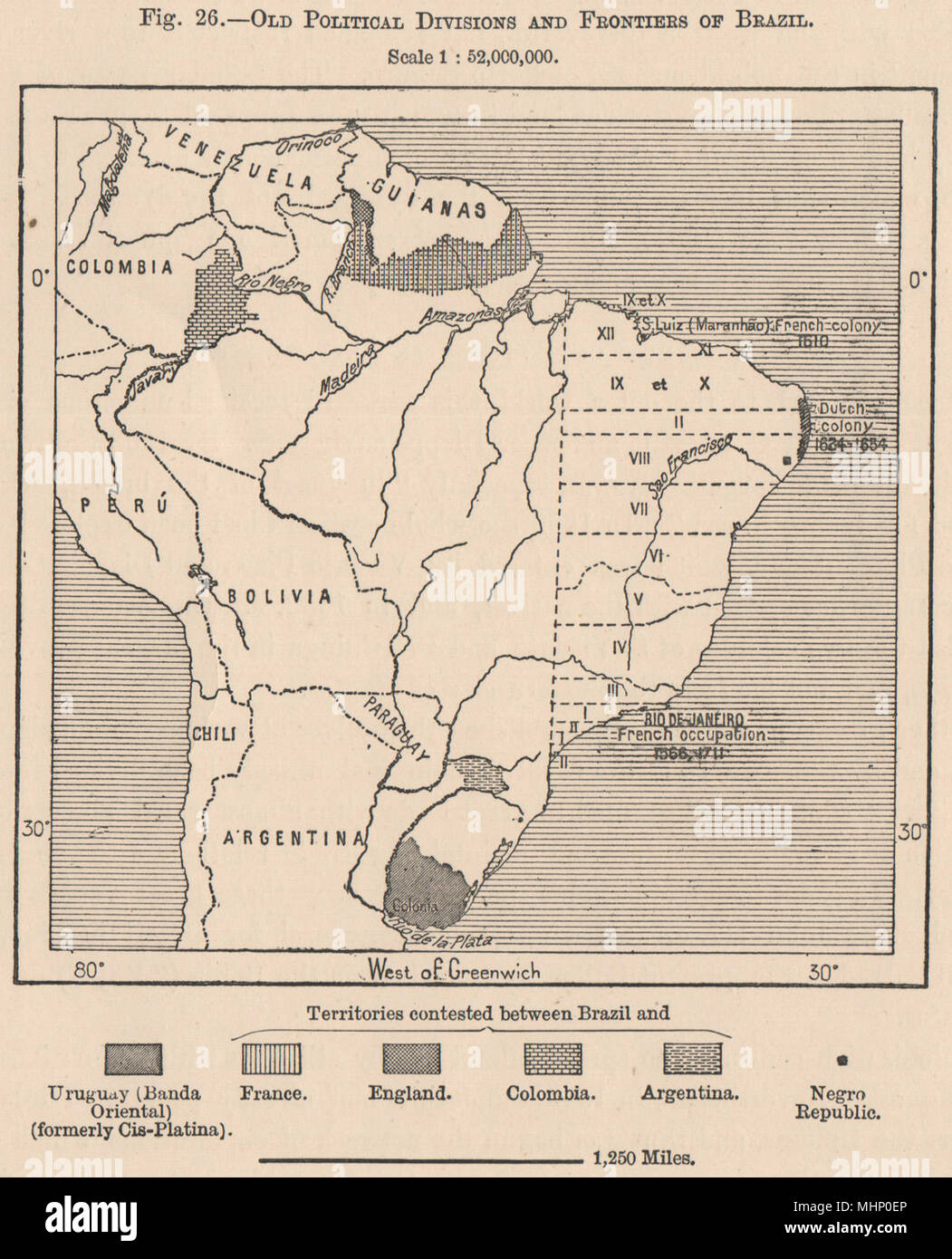 Vieilles divisions politiques et frontières du Brésil. Frontières disputées 1885 map Banque D'Images