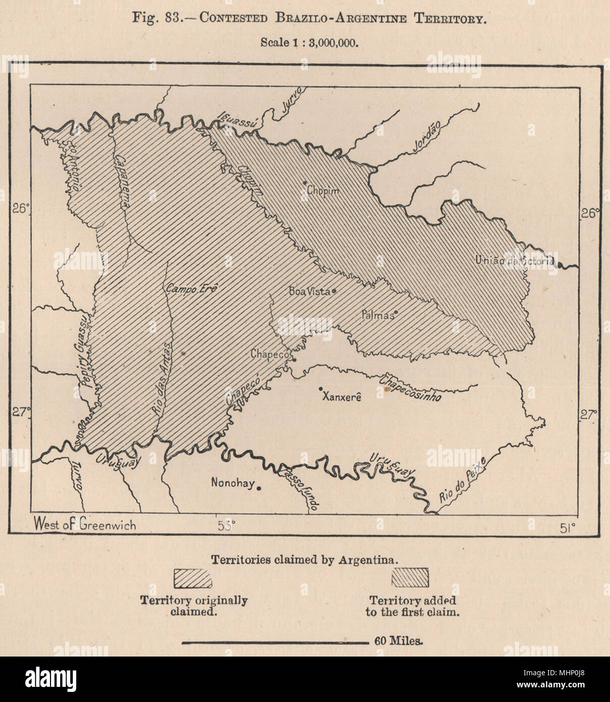 Brazil-Argentina territoire frontière contestée. Parana Santa Catarina 1885 Ancien site Banque D'Images