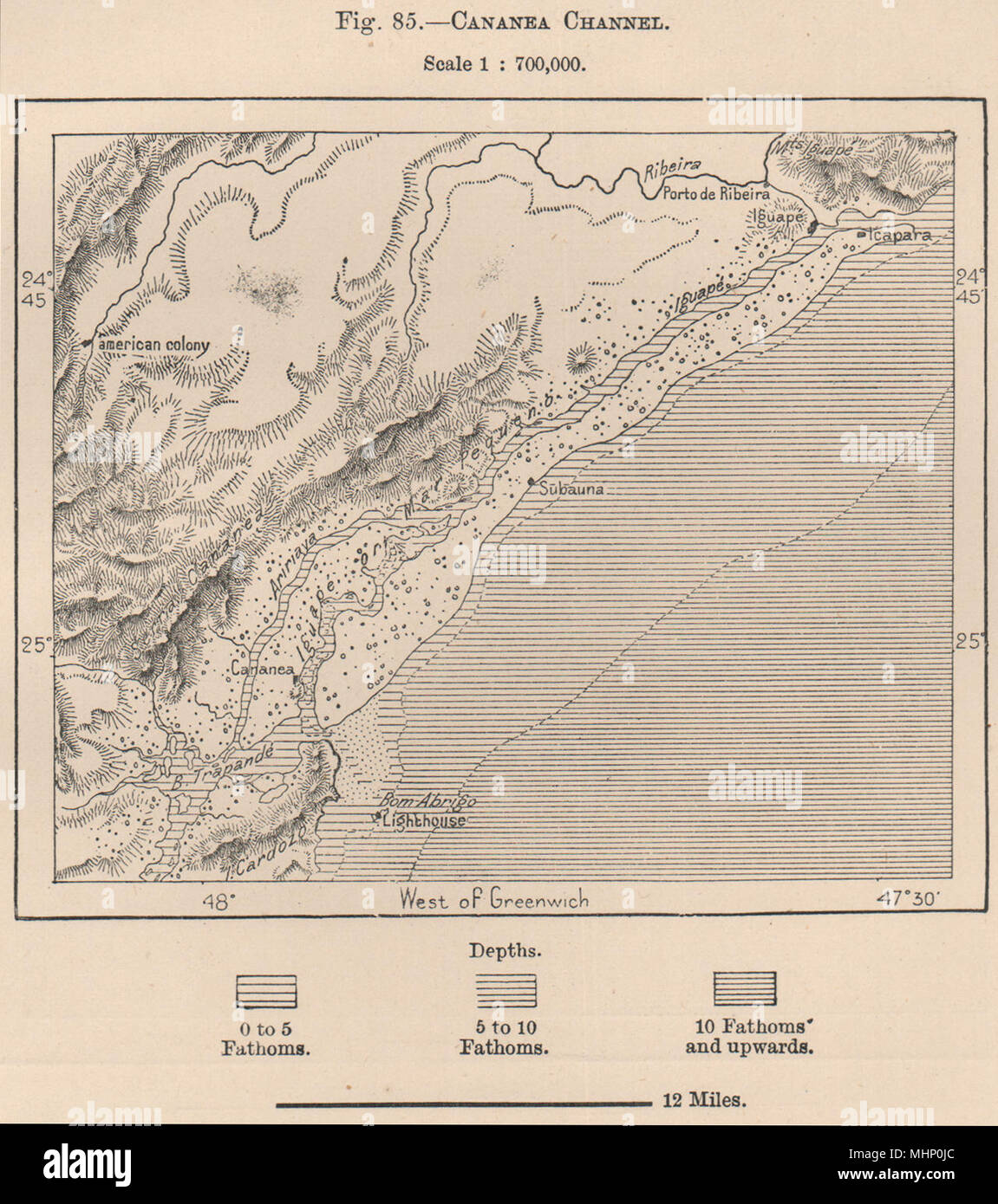Canal Cananeia.Mar Pequeno.'colonie américaine'.Ilha do Cardoso Brésil 1885 map Banque D'Images
