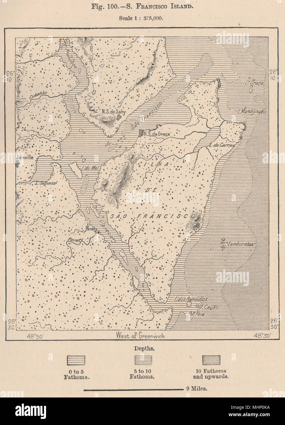 Ilha de São Francisco do Sul Island.Joinville.Brésil.Santa Catarina 1885 map Banque D'Images