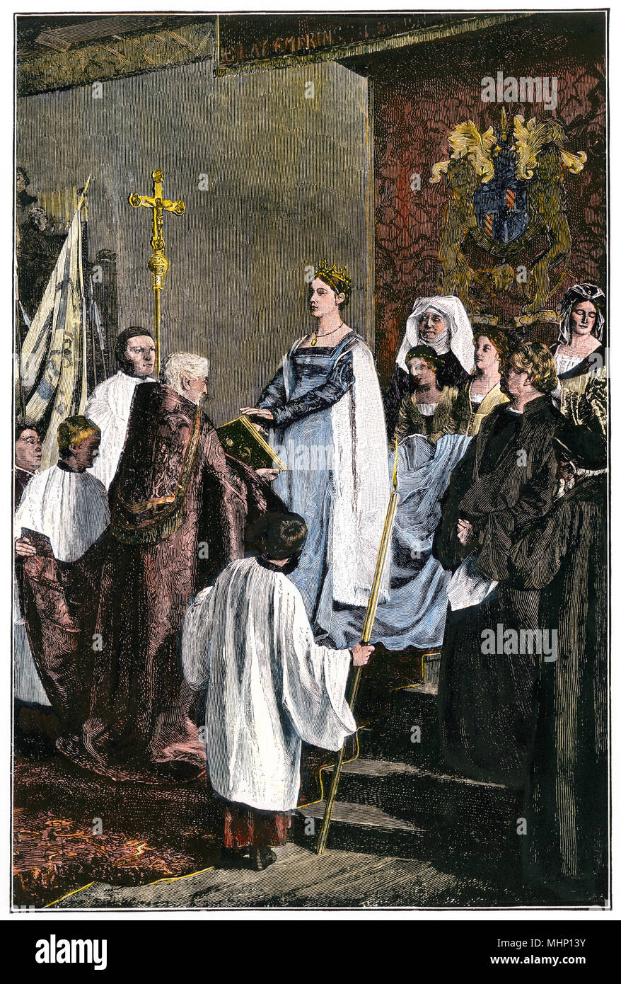 Marie de Bourgogne accorde une charte aux Pays-Bas. À la main, gravure sur bois Banque D'Images