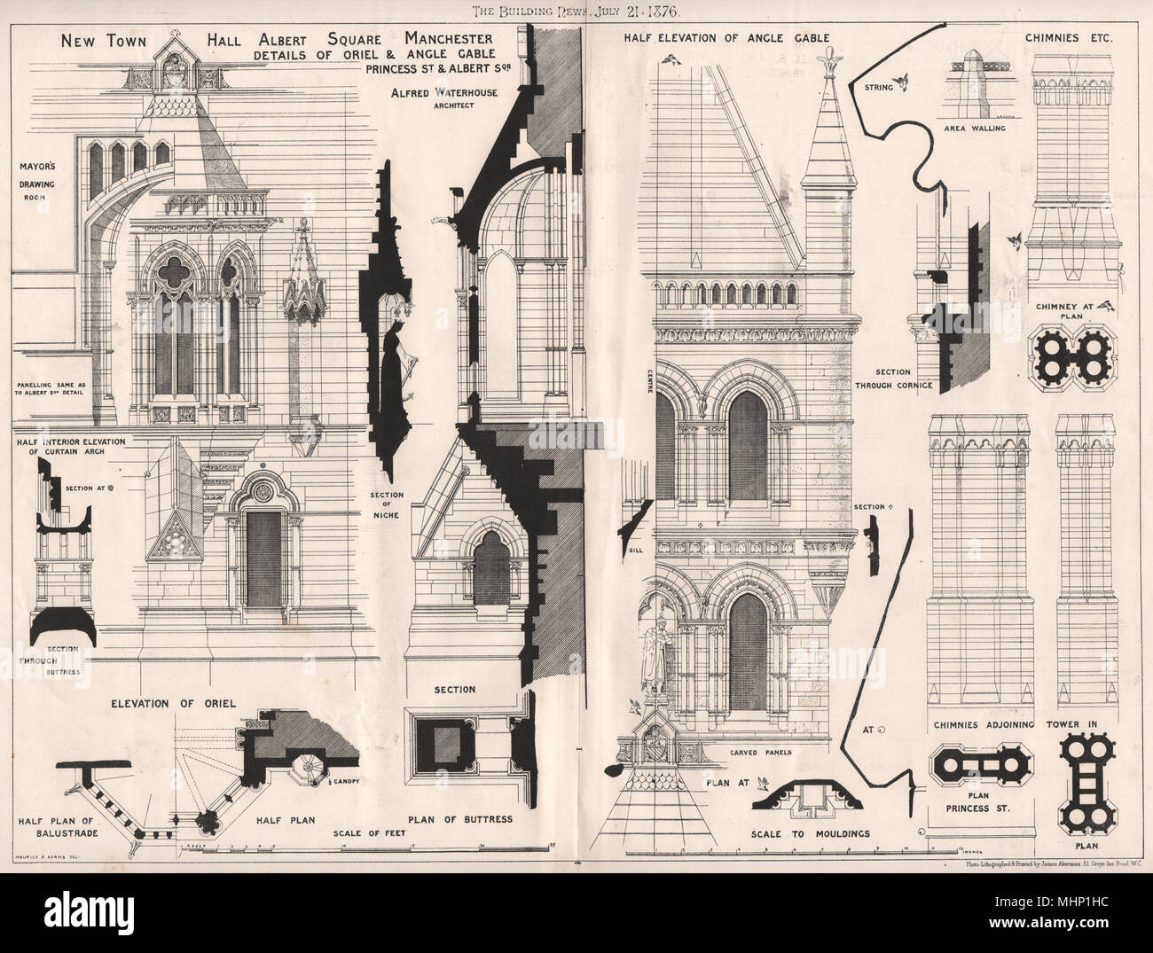 Nouvel hôtel de ville, Albert Square, Manchester ; oriel et angle gable 1876 old print Banque D'Images