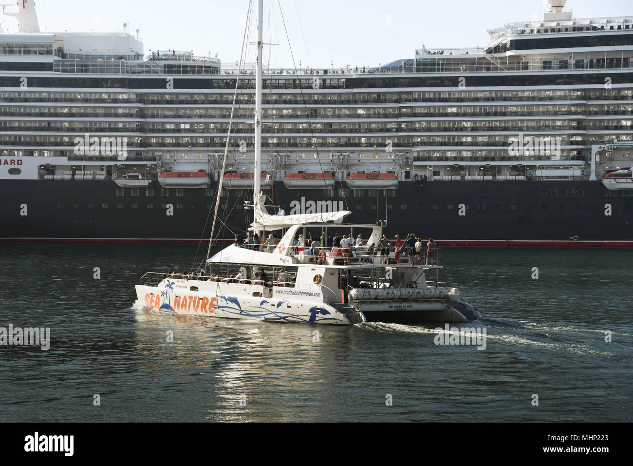 Un catamaran de quitter le port de Funchal, Madère avec les touristes sur une croisière. Le bateau de croisière Queen Elizabeth est dans l'arrière-plan Banque D'Images