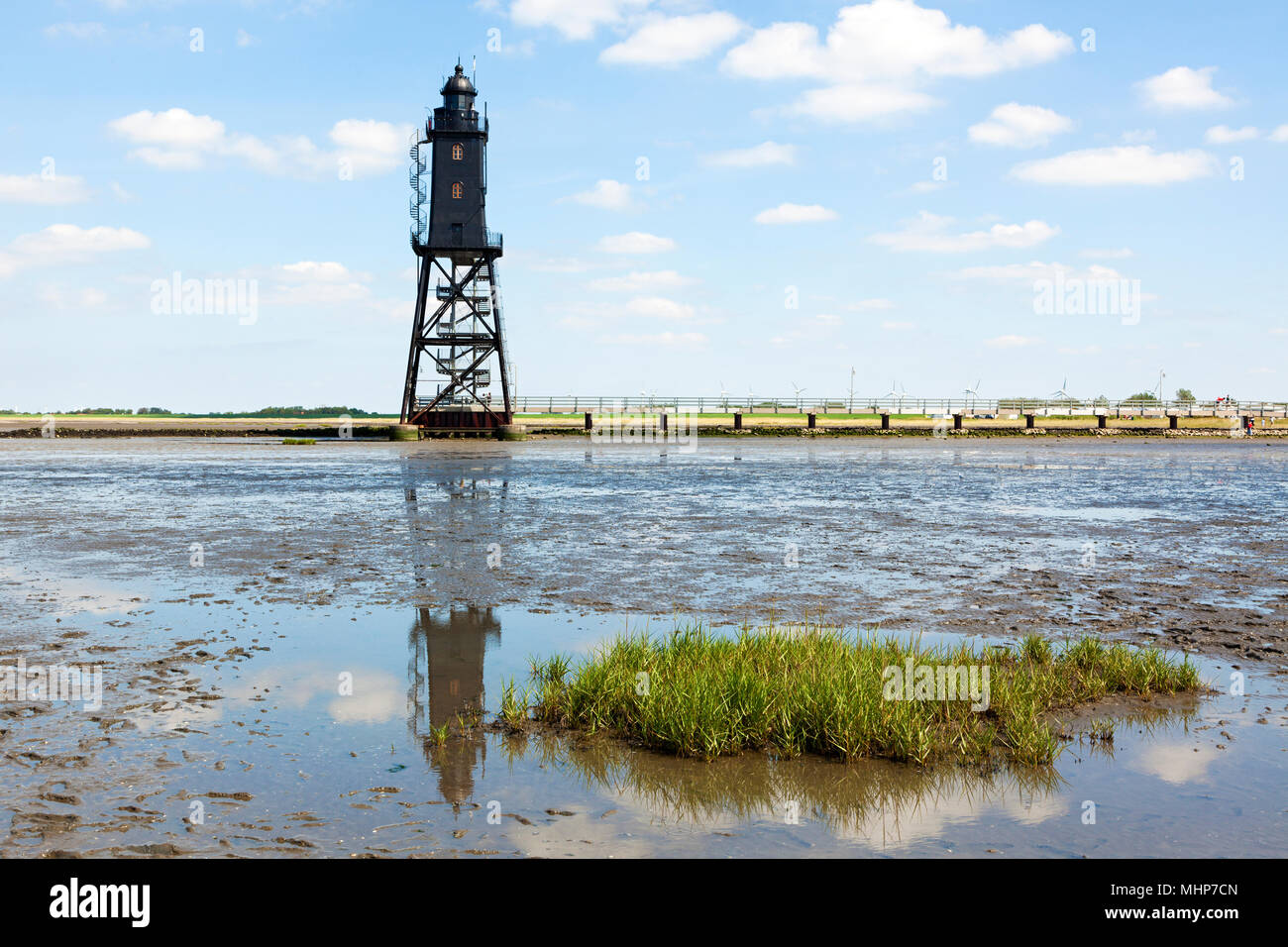 Obereversand Phare à Dorum, vue depuis la mer des wadden Banque D'Images