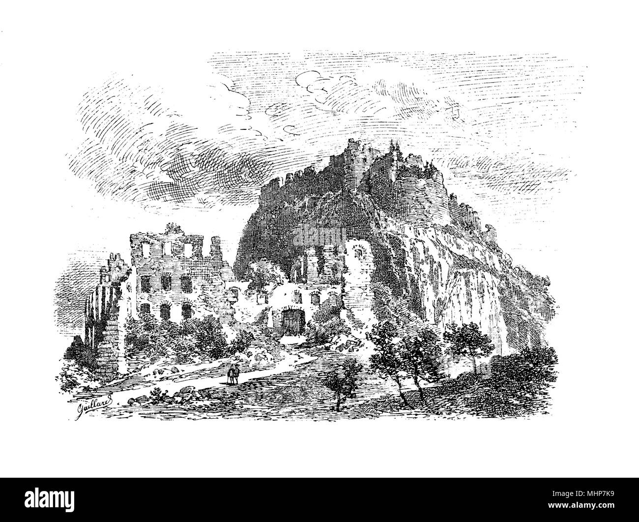 L'Allemagne, la gravure des ruines vintage de Hohentwiel fortress construit en l'an 915 et 5 fois détruite pendant la Guerre de Trente Ans, en XVII siècle Banque D'Images