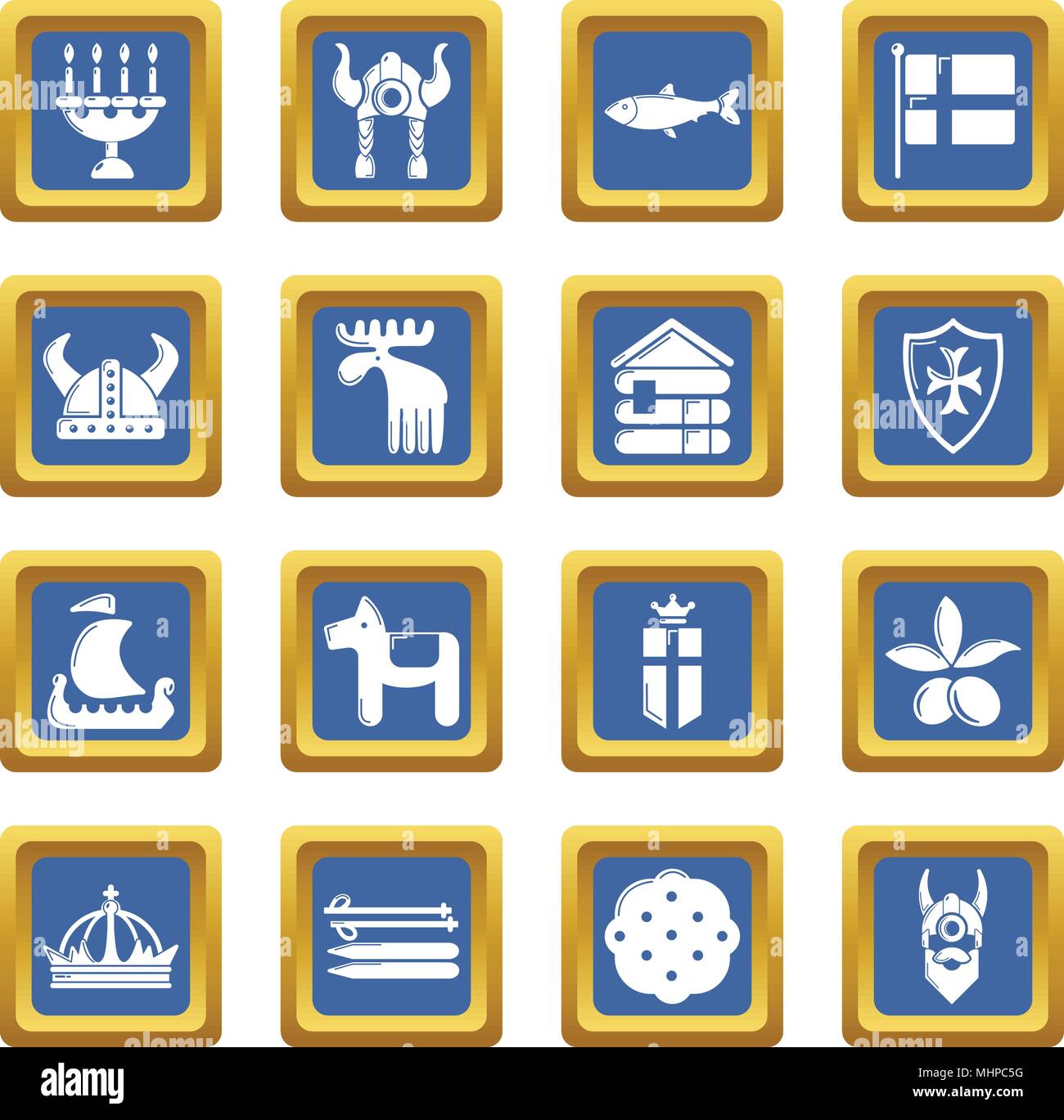 La Suède travel icons set vector blue square Illustration de Vecteur