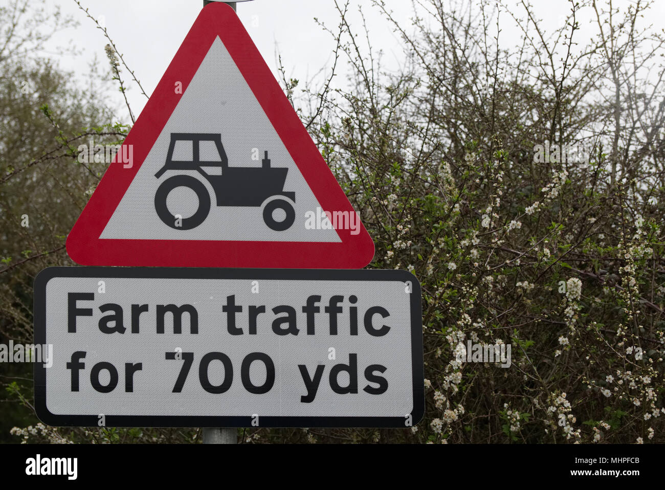 Triangulaire rouge et signe de la sécurité routière d'avertissement de trafic ferme avec photo de tracteur noir pour 700 mètres Banque D'Images