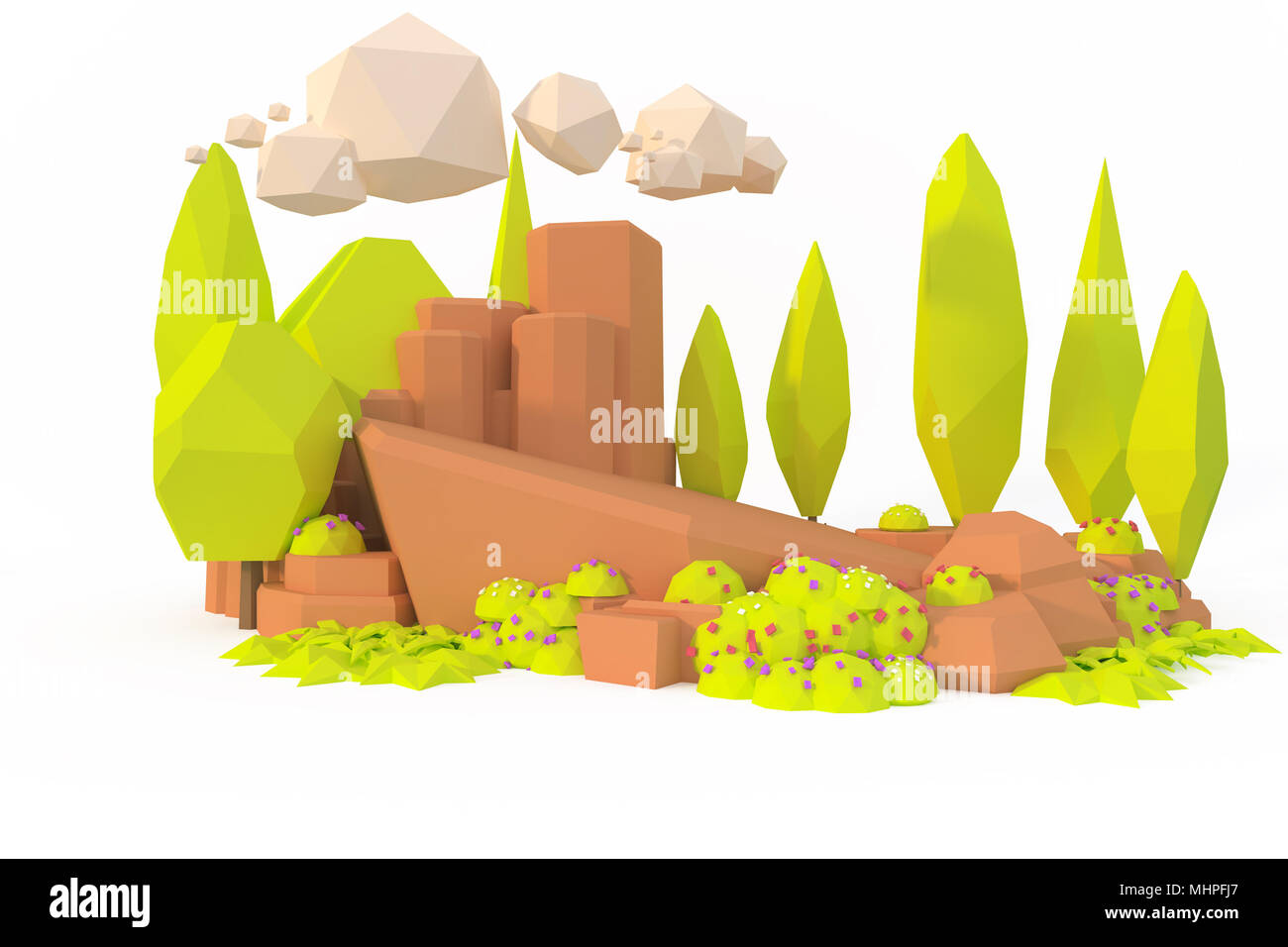 Tree Hill montagne paysage d'été camping billet low poly concept 3D render Banque D'Images