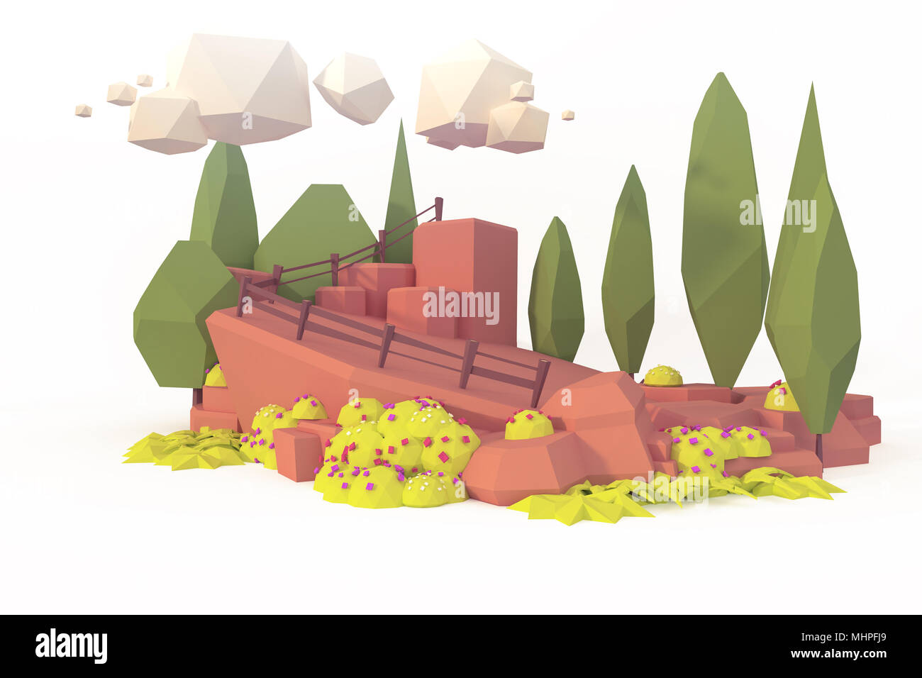 Tree Hill montagne paysage d'été camping billet low poly concept 3D render Banque D'Images