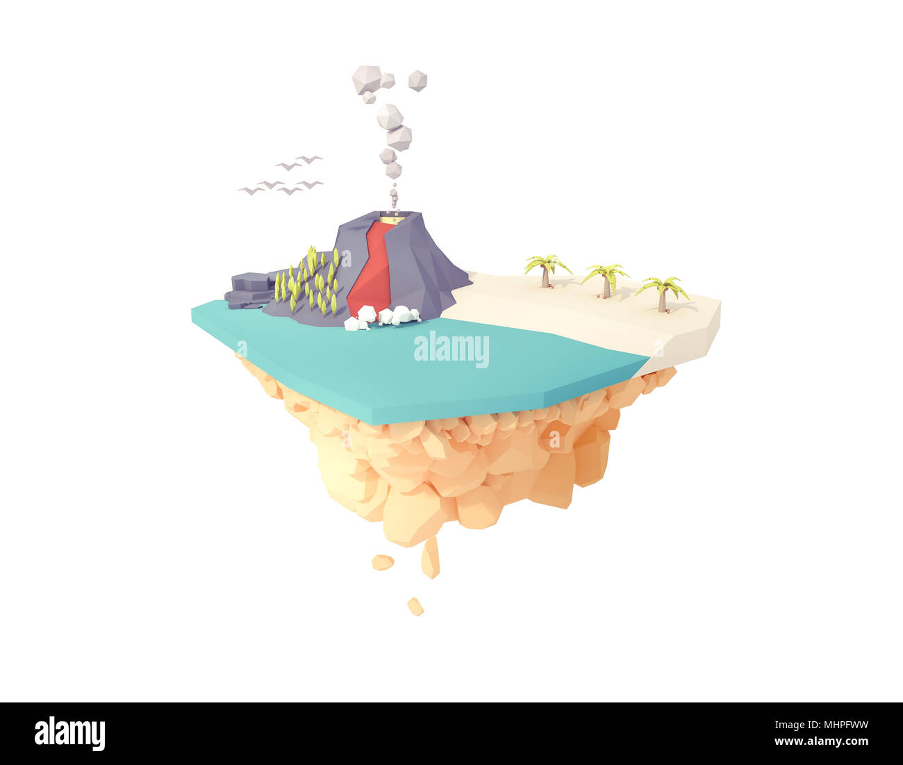 L'île volcanique isolé sur l'île flottante 3d illustration. low poly minimal art style.volcan inactif actif paysage en plein milieu de l'océan. Banque D'Images