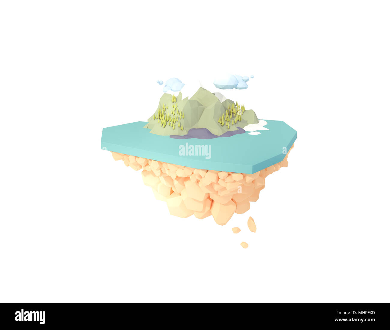 L'île volcanique isolé sur l'île flottante 3d illustration. low poly minimal art style.volcan inactif actif paysage en plein milieu de l'océan. Banque D'Images