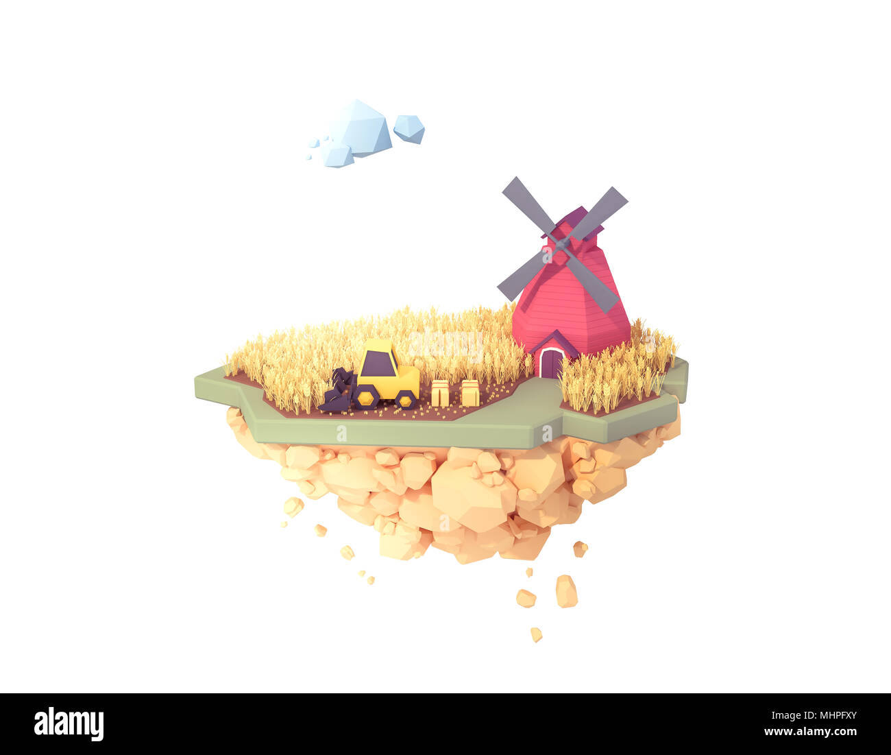 Utilisation agriculteur récolte moissonneuse-batteuse les cultures de blé en automne low poly 3d illustration. floating île isolée ferme. Banque D'Images