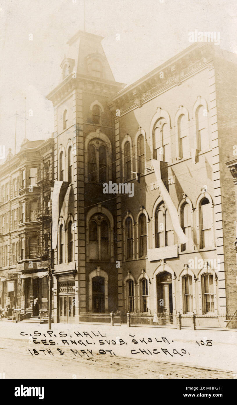 La Société de protection tchèque slovaque (EFPC) Hall, le 18 mai et rues, Chicago, Illinois, USA. Date : vers 1900 Banque D'Images