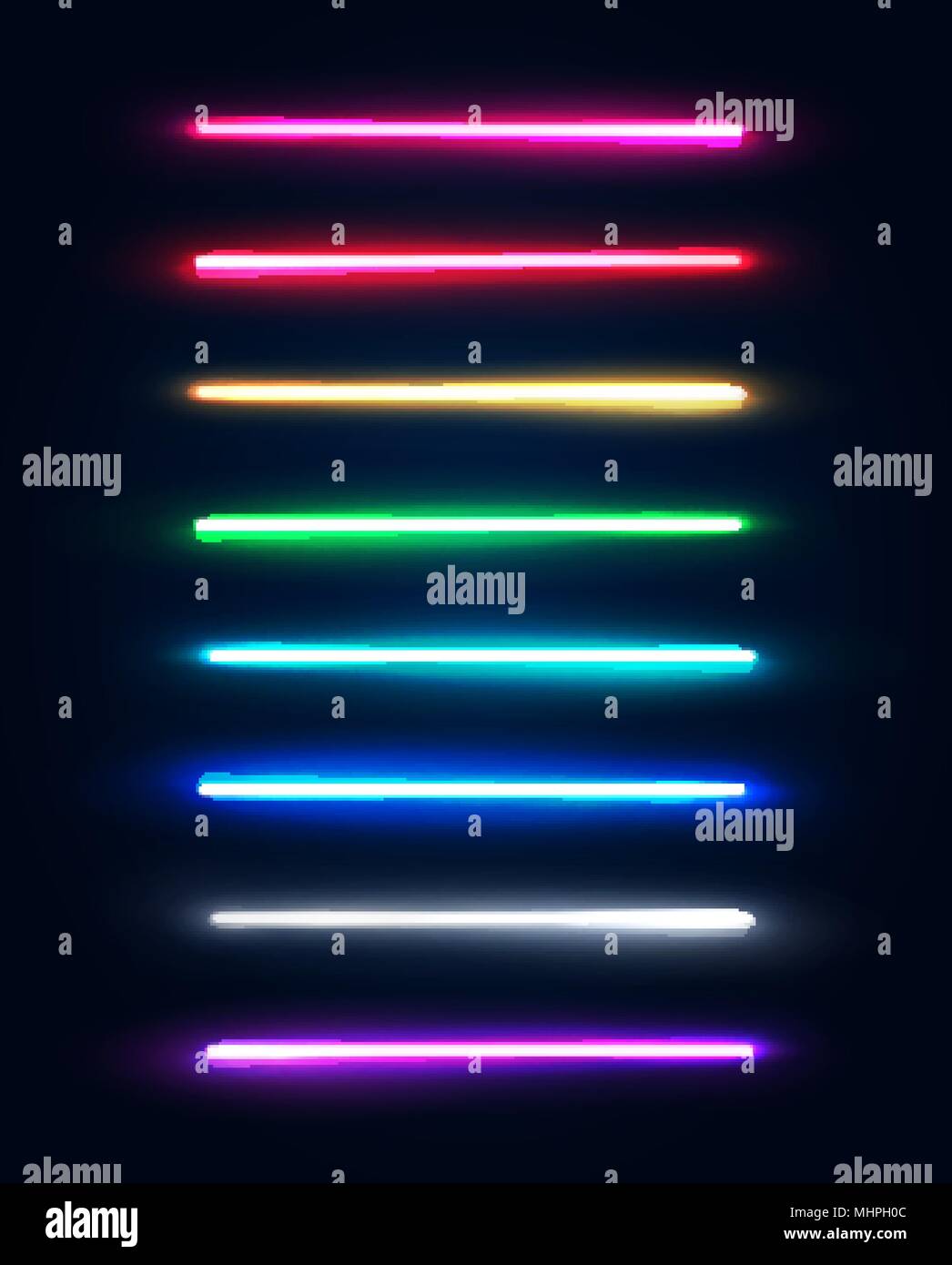 Jeu de tubes au néon. Lumineux colorés ou des lignes frontières collection  isolé sur fond bleu foncé. Lampes halogène ou LED light pack éléments pour  la nuit de la partie ou la