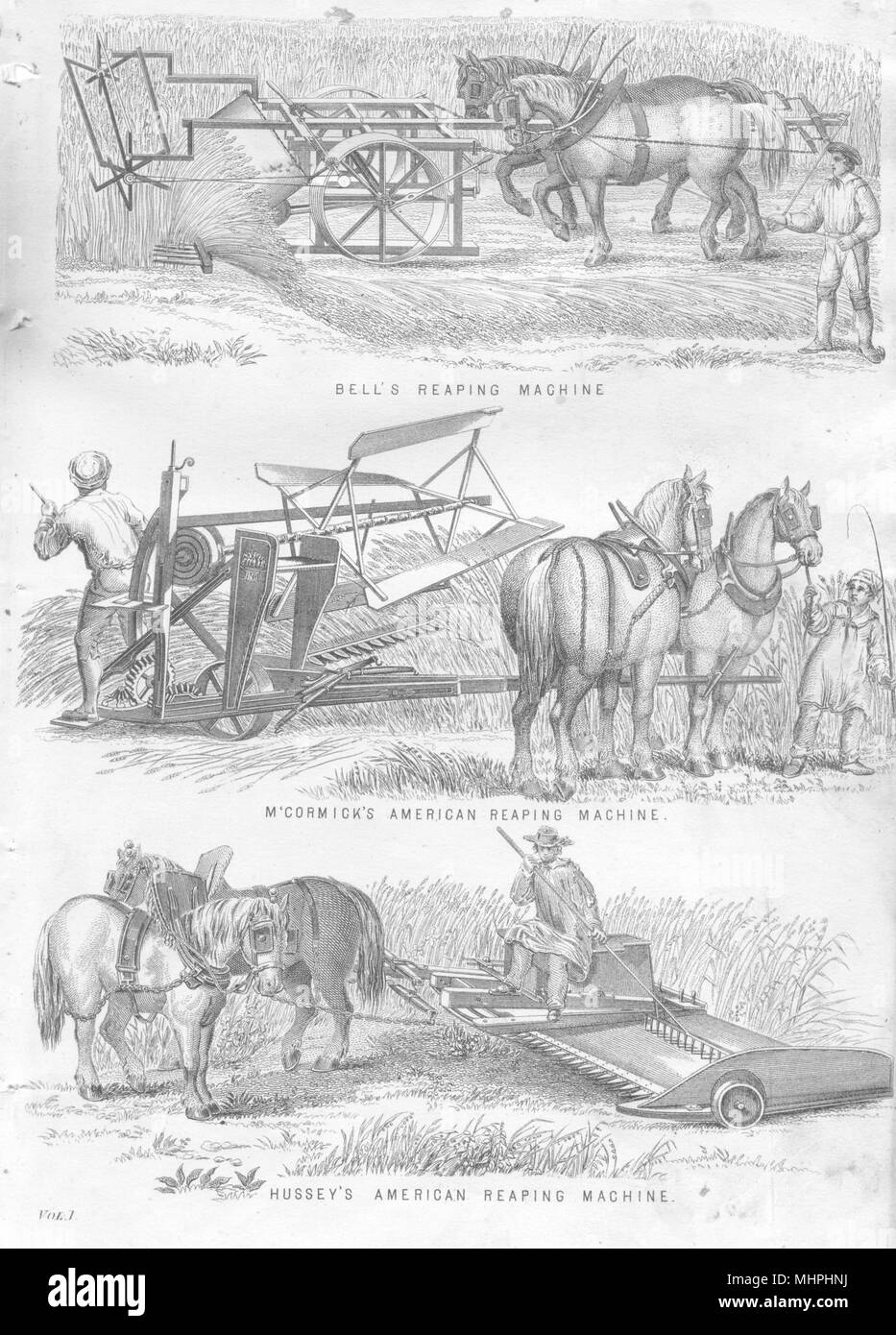 L'EXPLOITATION AGRICOLE. d'outils agricoles ; Bell's moissonneuse ; M'Cormick's American ; Hussey's 1880 Banque D'Images