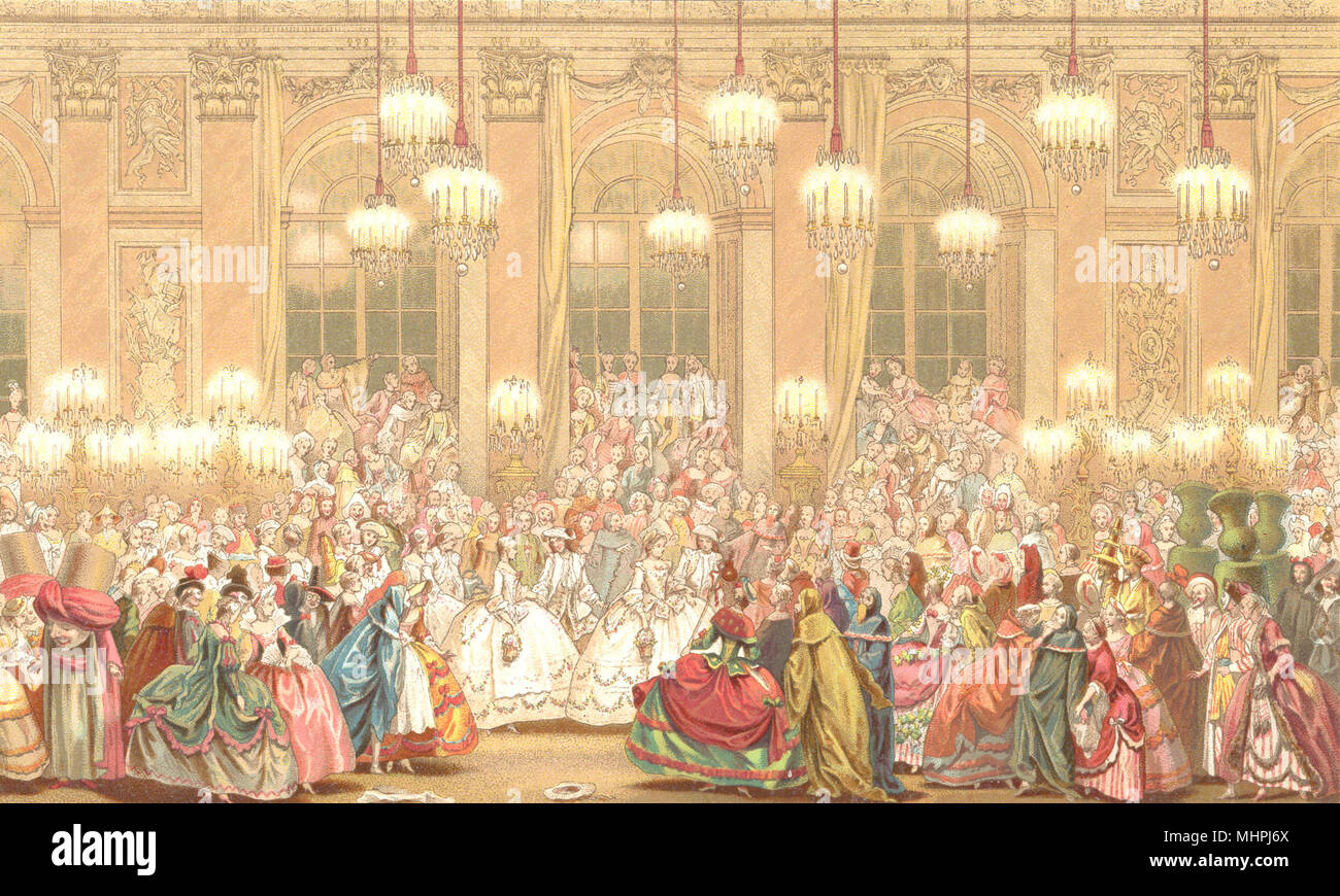 18ème siècle en France. Une mascarade. Chromolithographie 1876 vieux ancien Banque D'Images