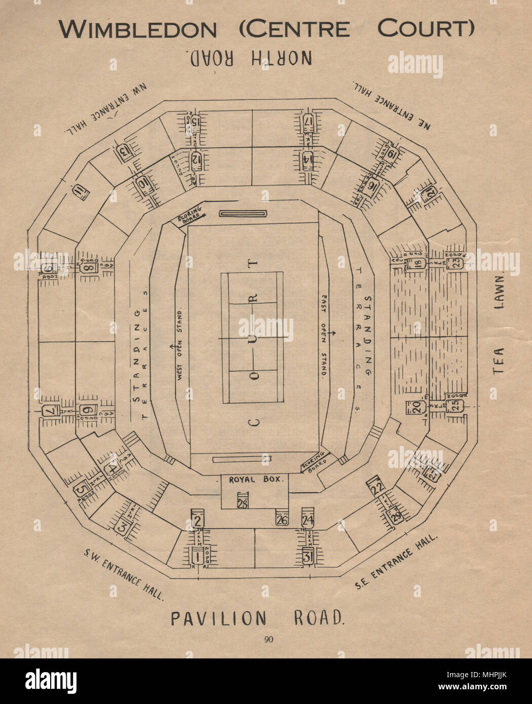 Le court central de Wimbledon. Vintage coin plan. Tennis Stadium 1936 old print Banque D'Images