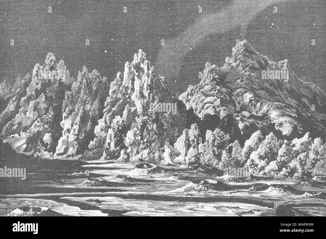 L'ASTRONOMIE. Lune. imaginé paysage lunaire, région de l'Apennin 1877 imprimer Banque D'Images