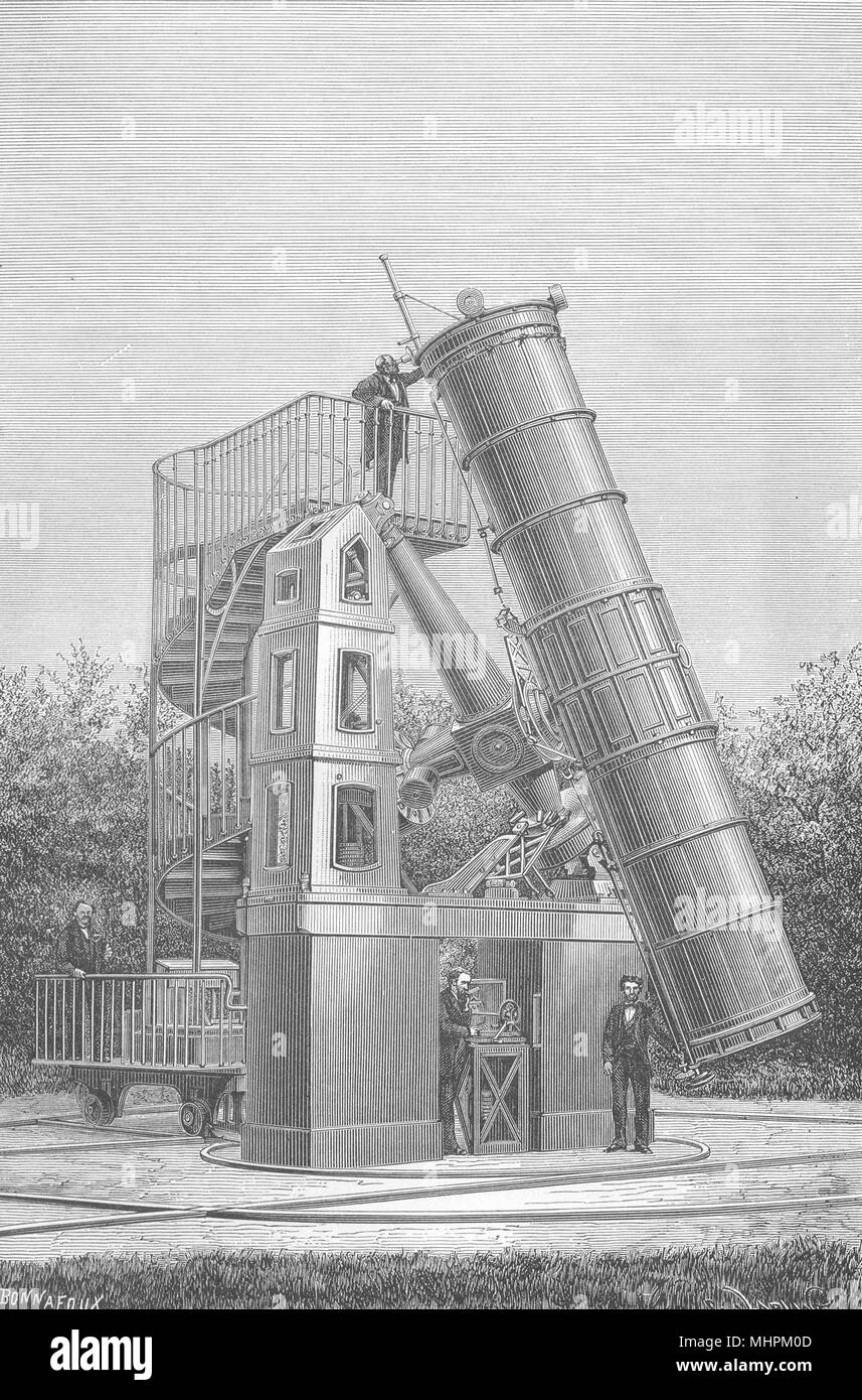 PARIS. Le grand télescope de l'observatoire de Paris 1877 vieux ancien Banque D'Images