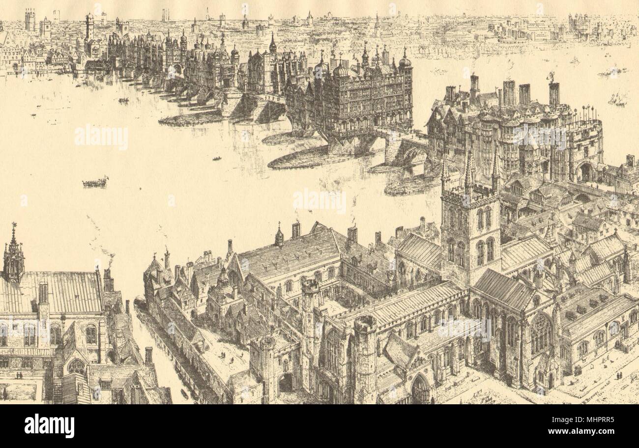 Cité médiévale de Londres. Old London Bridge (du sud) 1923 vintage print Banque D'Images