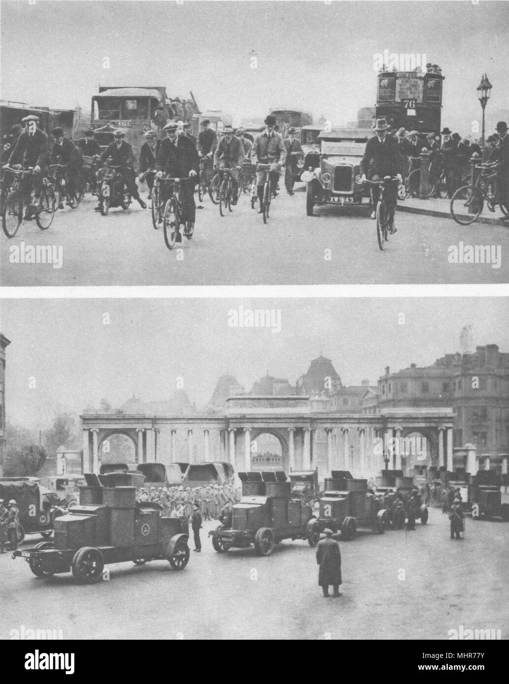 Londres. Grève générale. Grande grève. La randonnée à vélo. Voitures blindées 1926 old print Banque D'Images