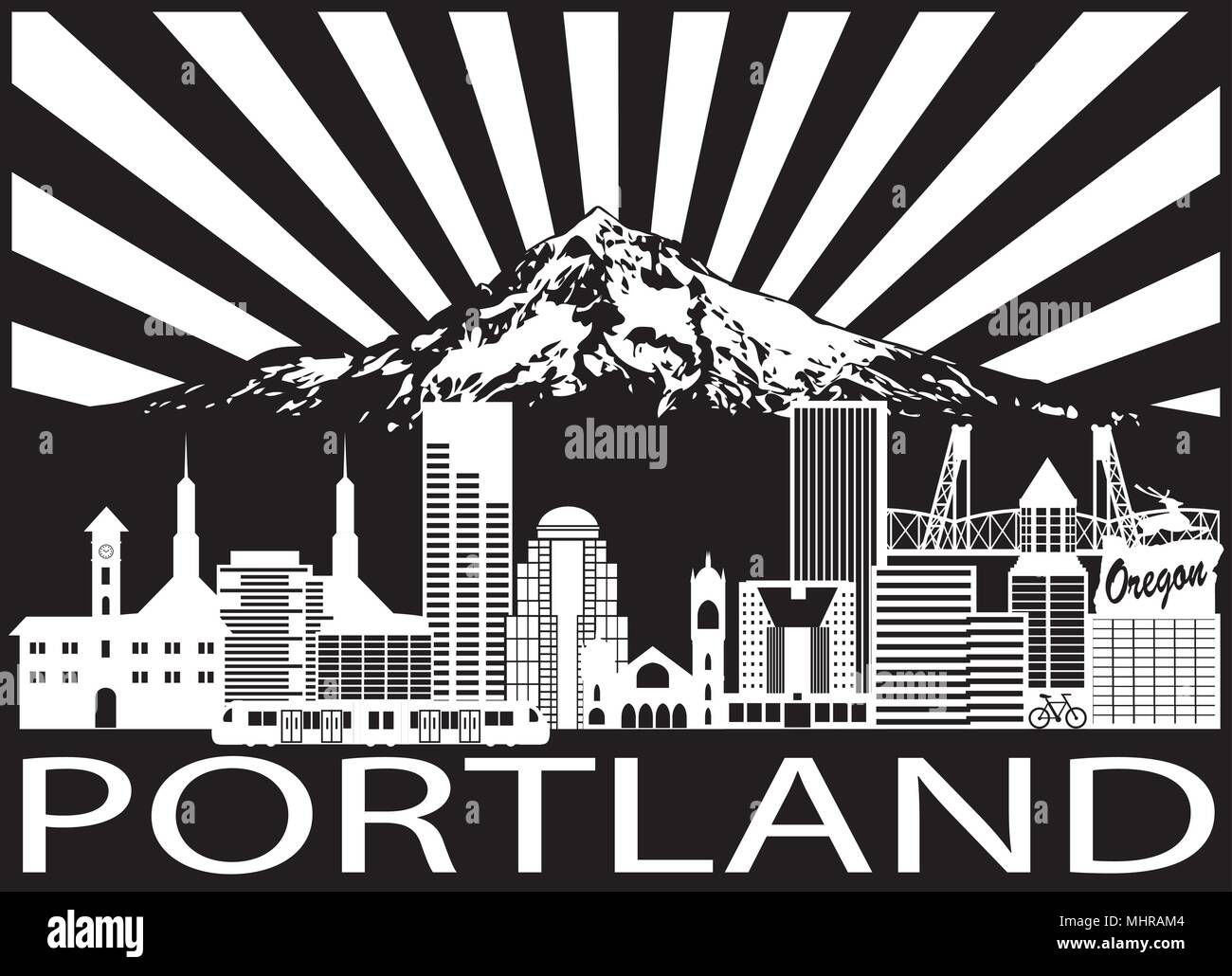 Portland Oregon Contours Silhouette aux toits de la ville de Mount Hood Rayons de Soleil noir isolé sur fond blanc Illustration Illustration de Vecteur