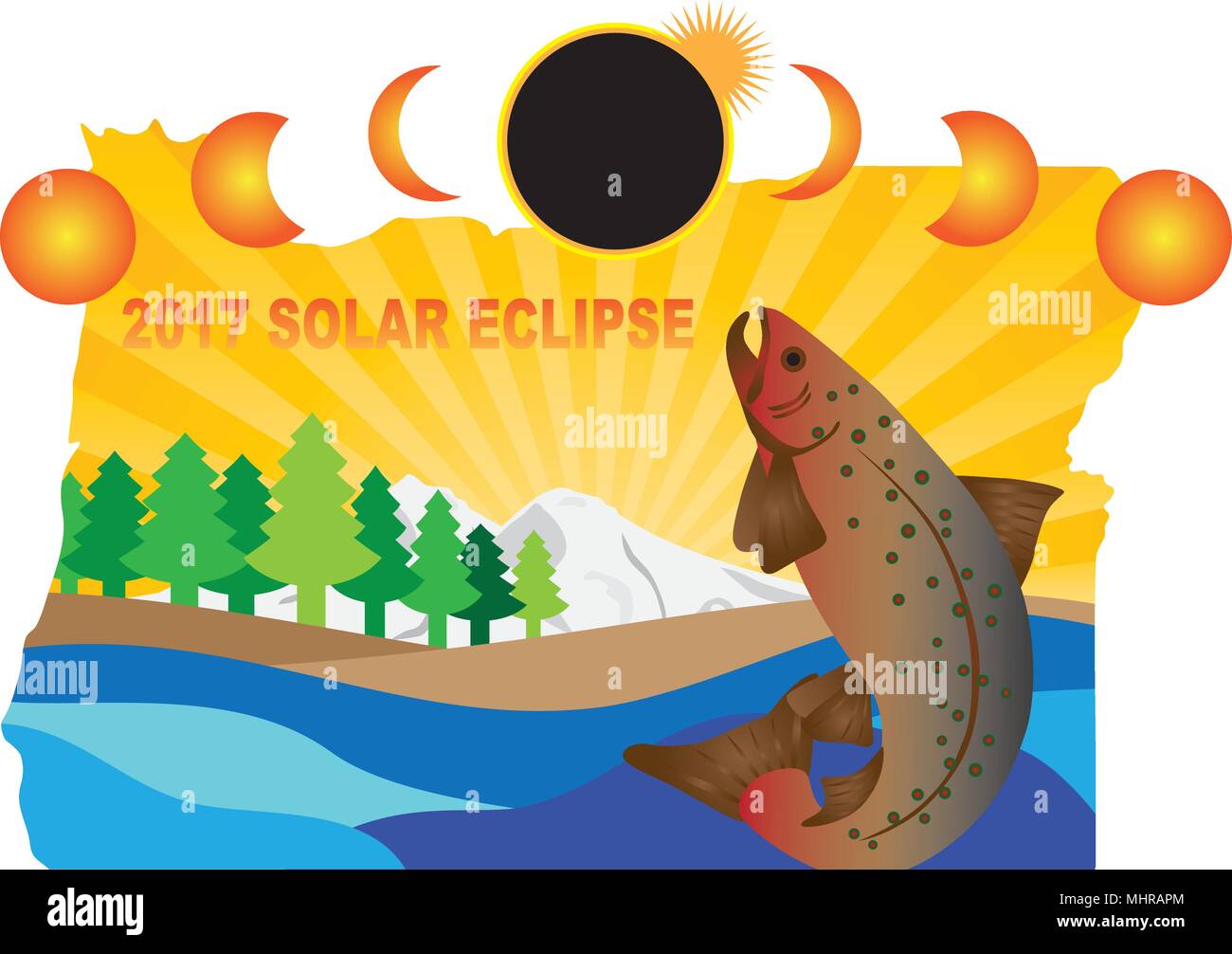Éclipse solaire 2017 Ensemble à travers l'Oregon State map illustration couleur Illustration de Vecteur
