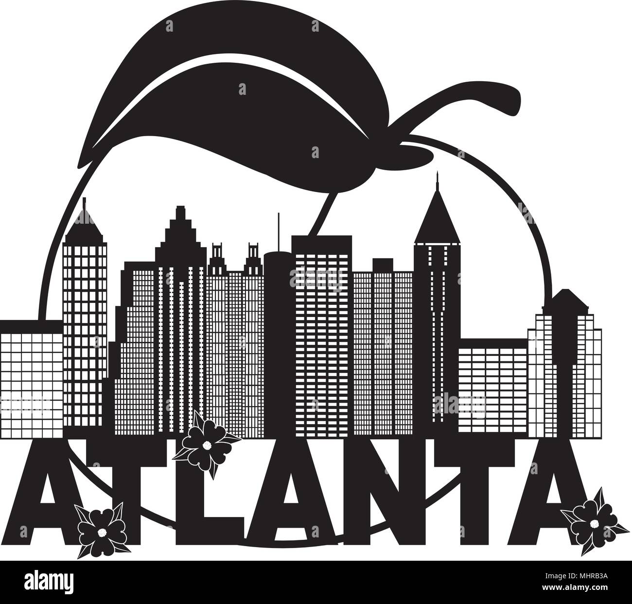Atlanta Géorgie Ville Résumé avec Peach fleurs de cornouiller d'illustration de texte noir et blanc Illustration de Vecteur
