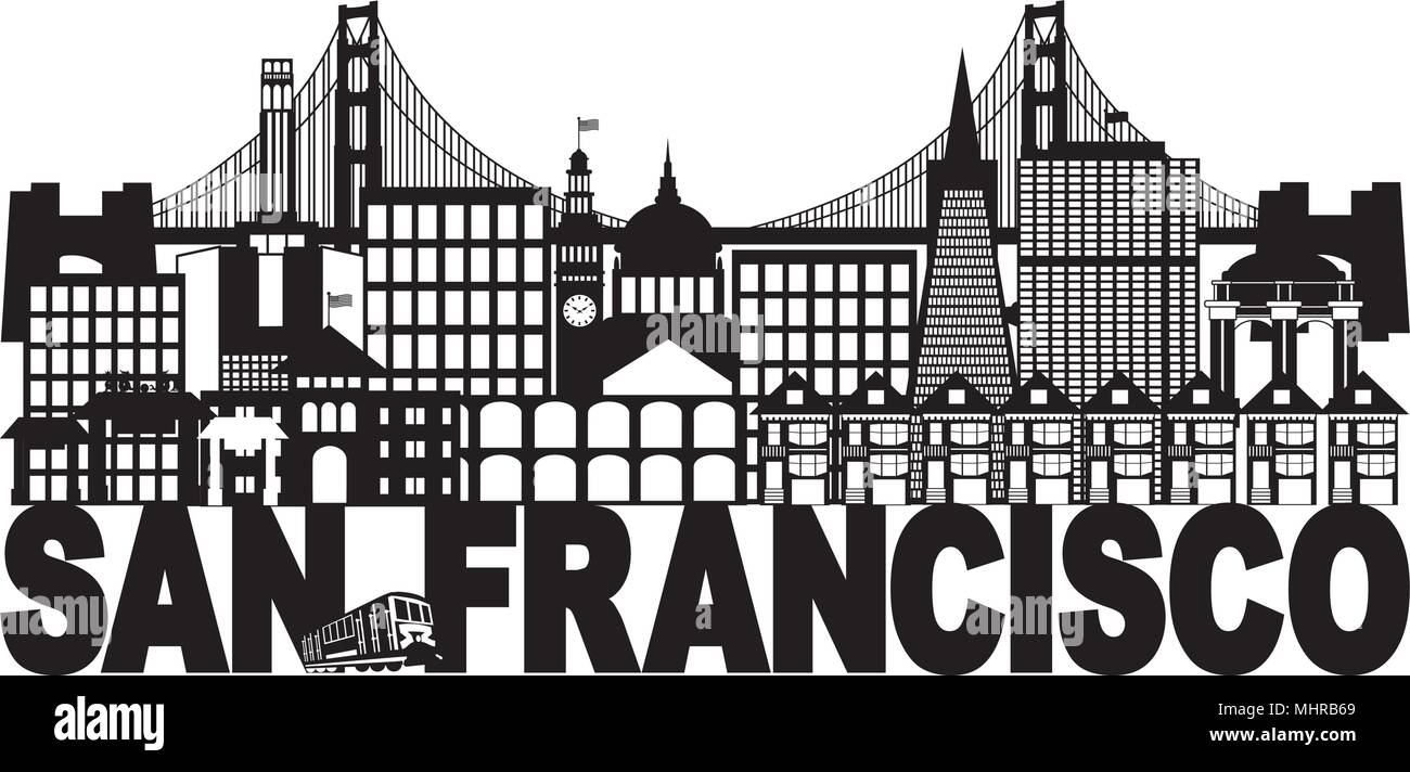 San Francisco California City Skyline avec Golden Gate Bridge Texte noir et blanc Illustration Illustration de Vecteur