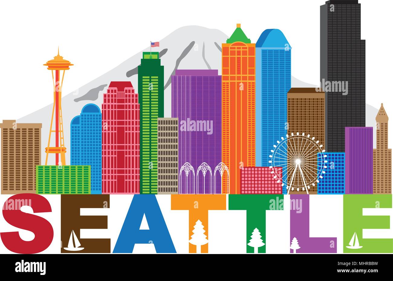 Washington Downtown Seattle City Skyline et texte en couleurs illustration isolé sur fond blanc Illustration de Vecteur