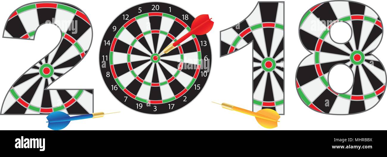 Bonne année 2018 avec un jeu de fléchettes fléchettes sur frapper Chiffres Bullseye cible contours illustration isolé sur fond blanc Illustration de Vecteur